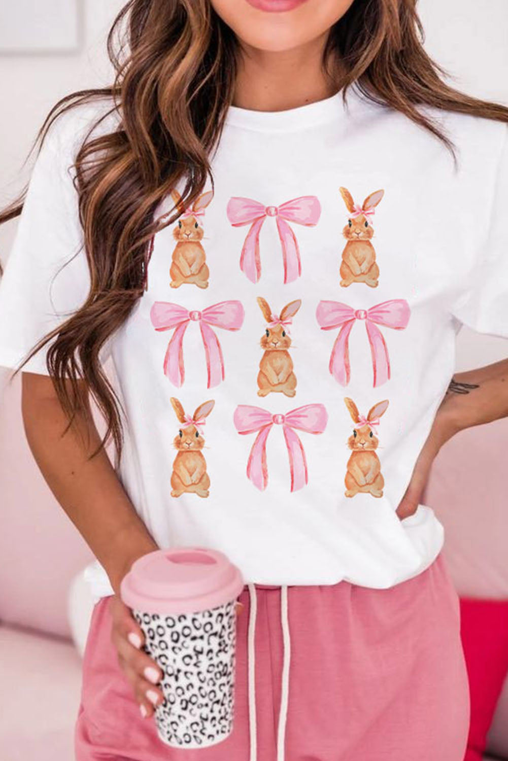 White Rabbit Bow Knot Print Crew Neck T Shirt-Graphic/Graphic Tees-[Adult]-[Female]-White-S-2022 Online Blue Zone Planet