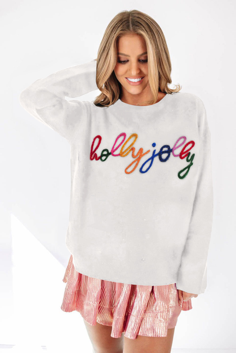 White Glitter Merry & Bright Round Neck Knit Sweater-Sweaters-[Adult]-[Female]-2022 Online Blue Zone Planet