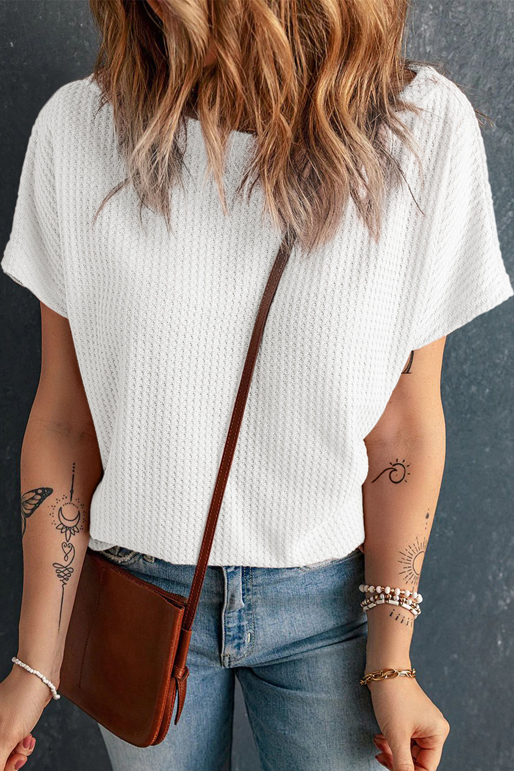 White Waffle Knit Boat Neck Short Sleeve Top-Tops/Tops & Tees-[Adult]-[Female]-White-S-2022 Online Blue Zone Planet