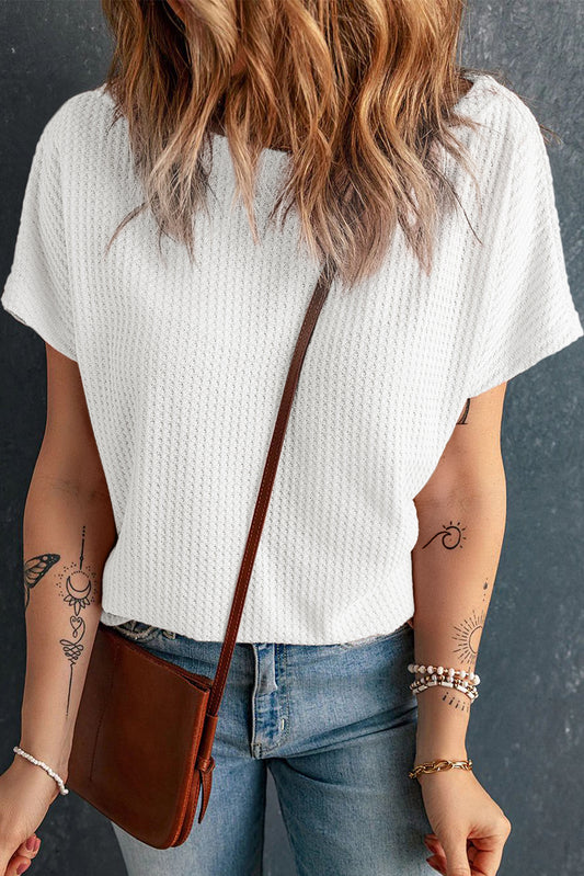 White Waffle Knit Boat Neck Short Sleeve Top-Tops/Tops & Tees-[Adult]-[Female]-White-S-2022 Online Blue Zone Planet