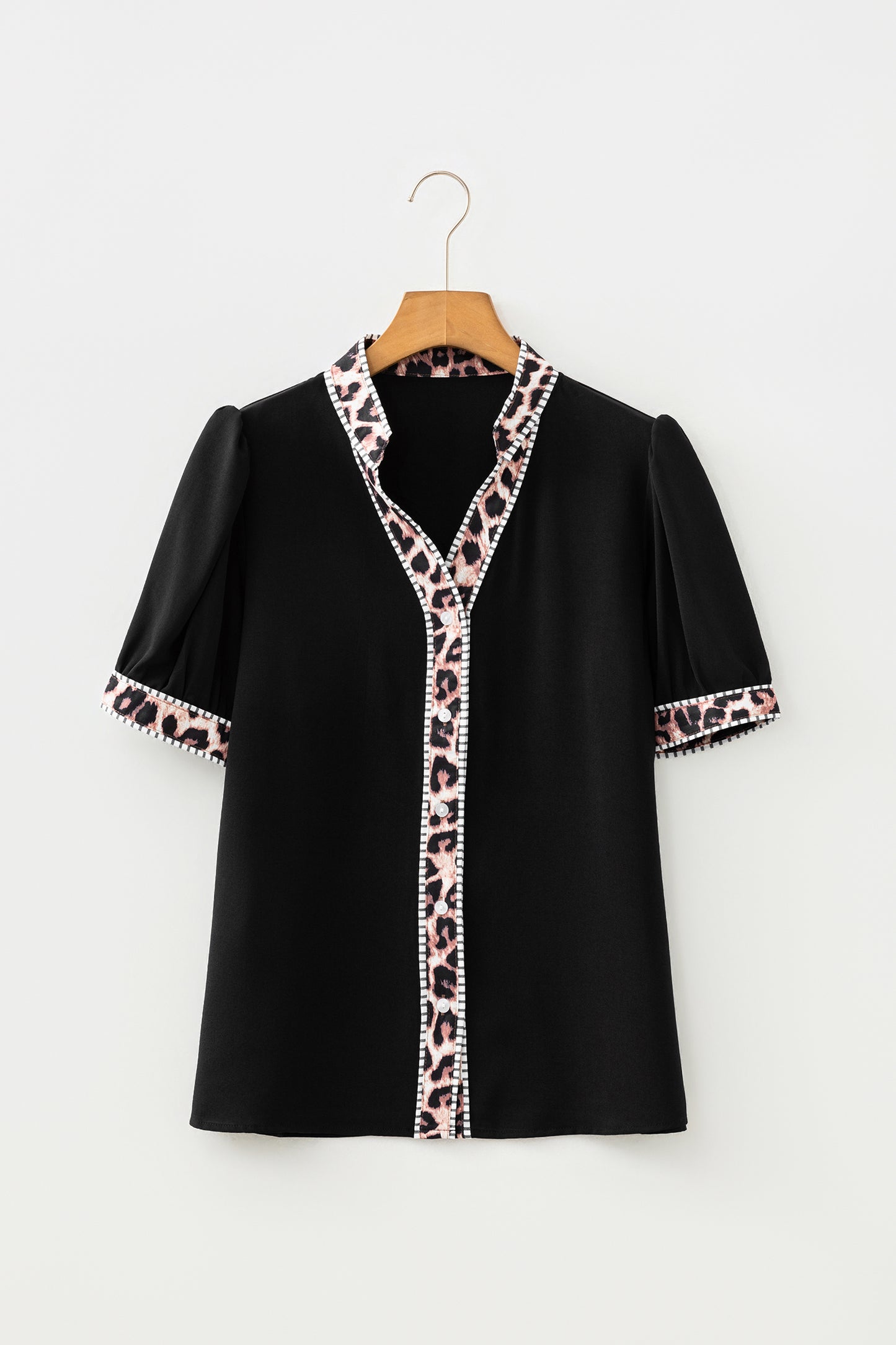 Black V Neck Short Puff Sleeve Contrast Striped Leopard Trim Button Down Shirt-Tops/Blouses & Shirts-[Adult]-[Female]-2022 Online Blue Zone Planet
