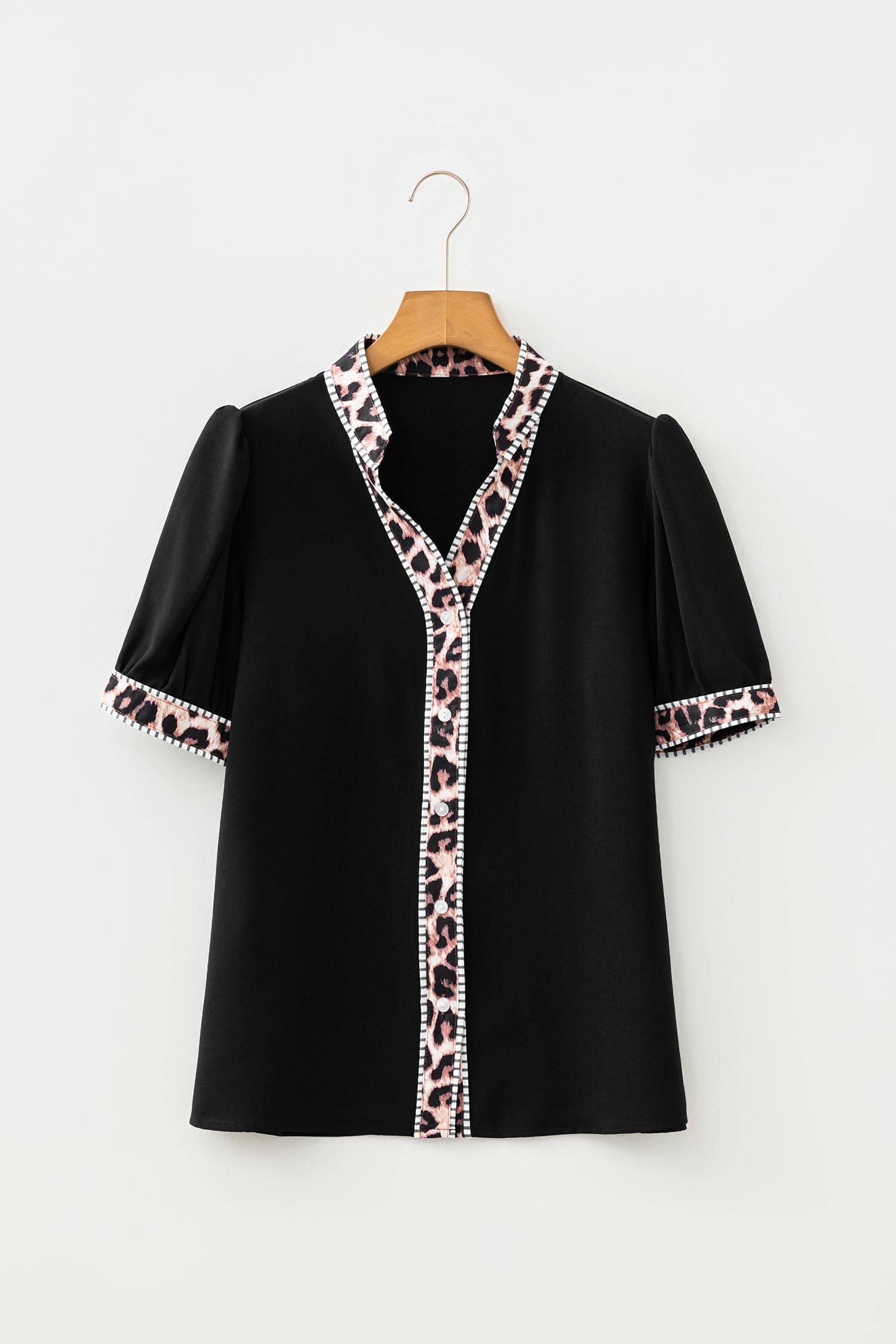 Black V Neck Short Puff Sleeve Contrast Striped Leopard Trim Button Down Shirt-Tops/Blouses & Shirts-[Adult]-[Female]-2022 Online Blue Zone Planet