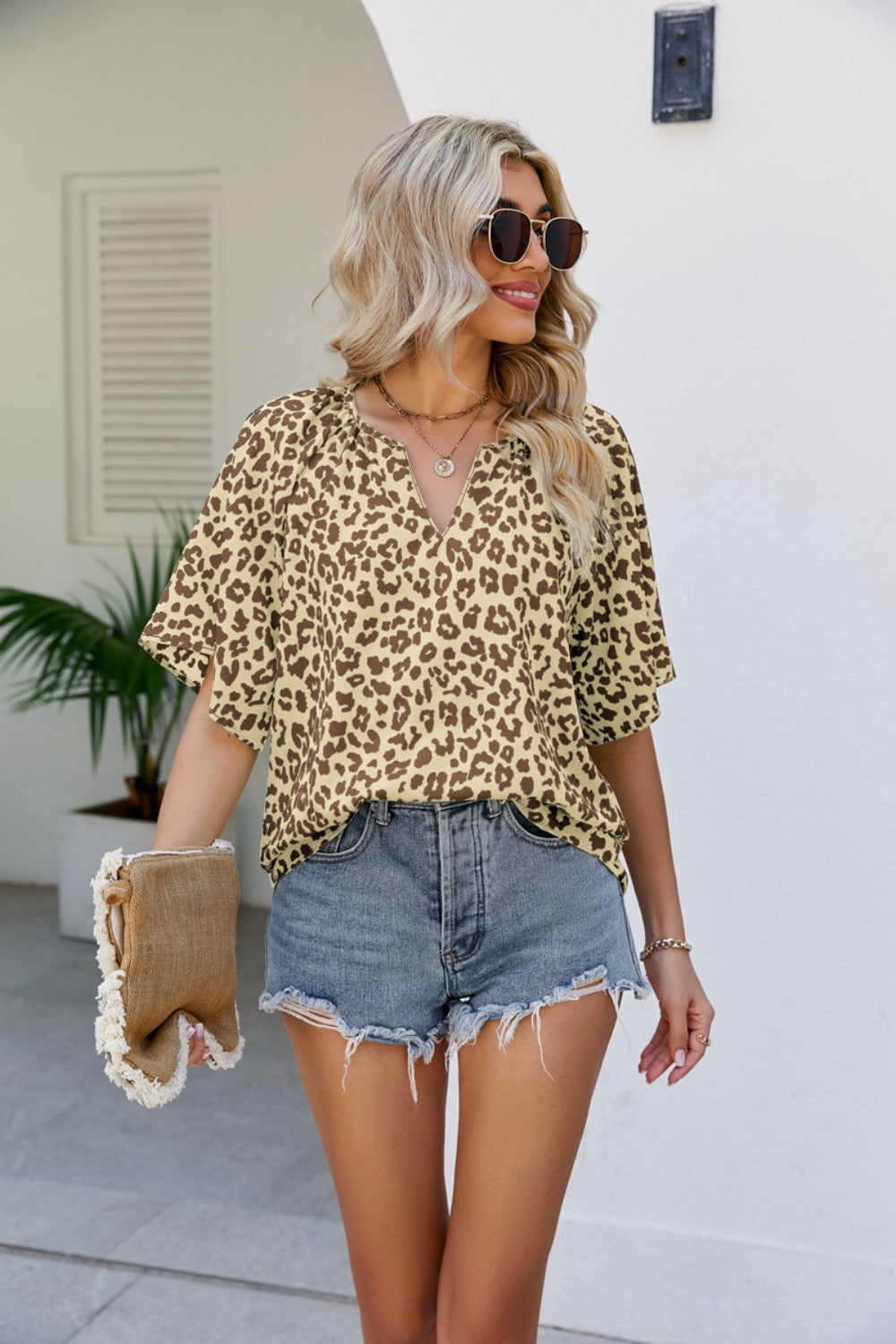 Leopard Notched Half Sleeve Blouse-TOPS / DRESSES-[Adult]-[Female]-Tan-S-2022 Online Blue Zone Planet