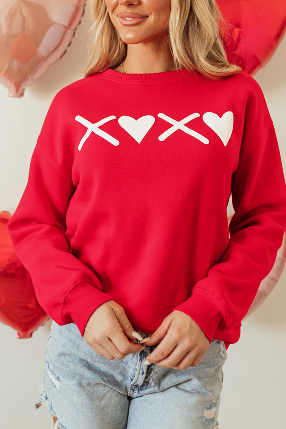 Valentine’s Day XOXO Round Neck Drop Shoulder Sweatshirt-TOPS / DRESSES-[Adult]-[Female]-Red-S-2022 Online Blue Zone Planet