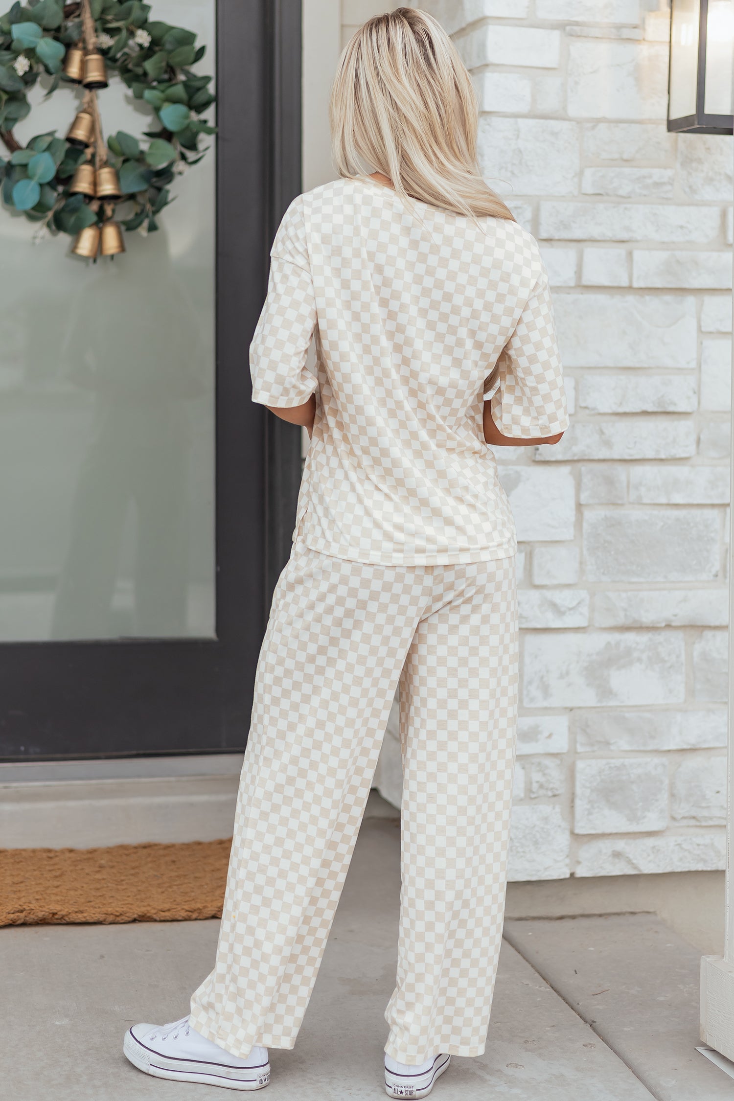 Khaki Checkered Print Half Sleeve Tee 2pcs Lounge Pant Set-Loungewear & Sleepwear/Loungewear-[Adult]-[Female]-2022 Online Blue Zone Planet