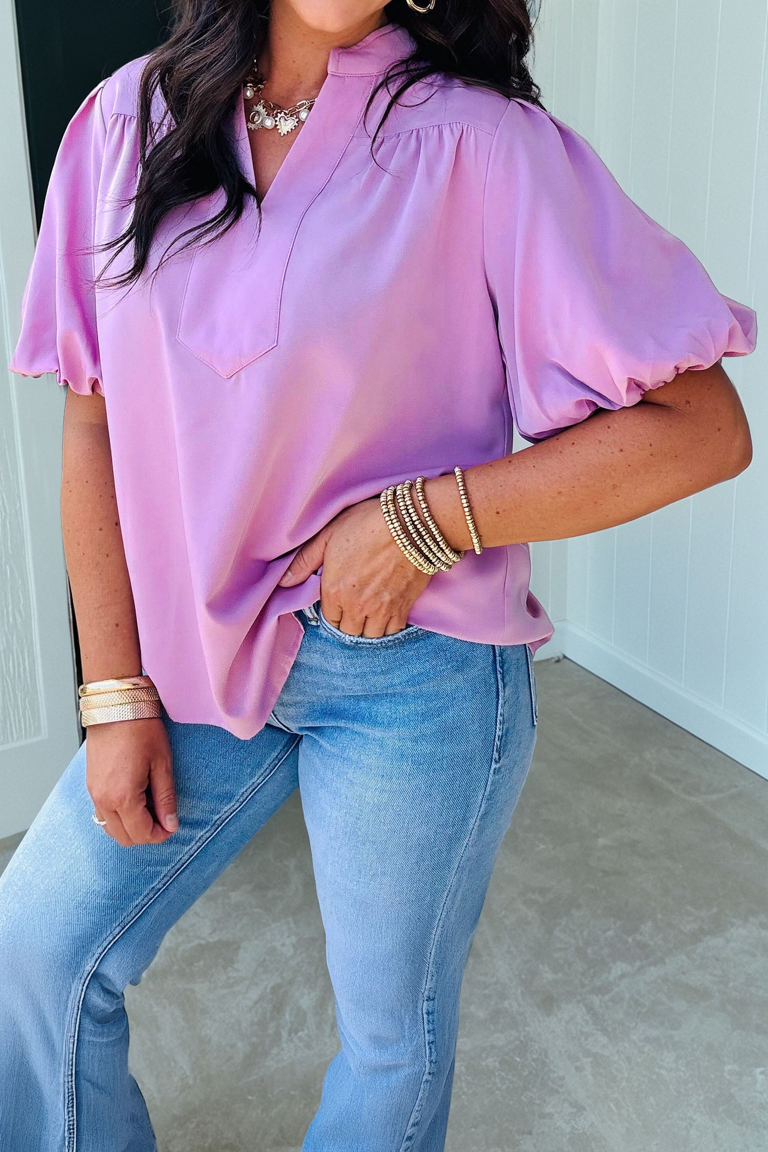 Phalaenopsis V Neck Puff Sleeve Summer Blouse-Tops/Blouses & Shirts-[Adult]-[Female]-Phalaenopsis-S-2022 Online Blue Zone Planet