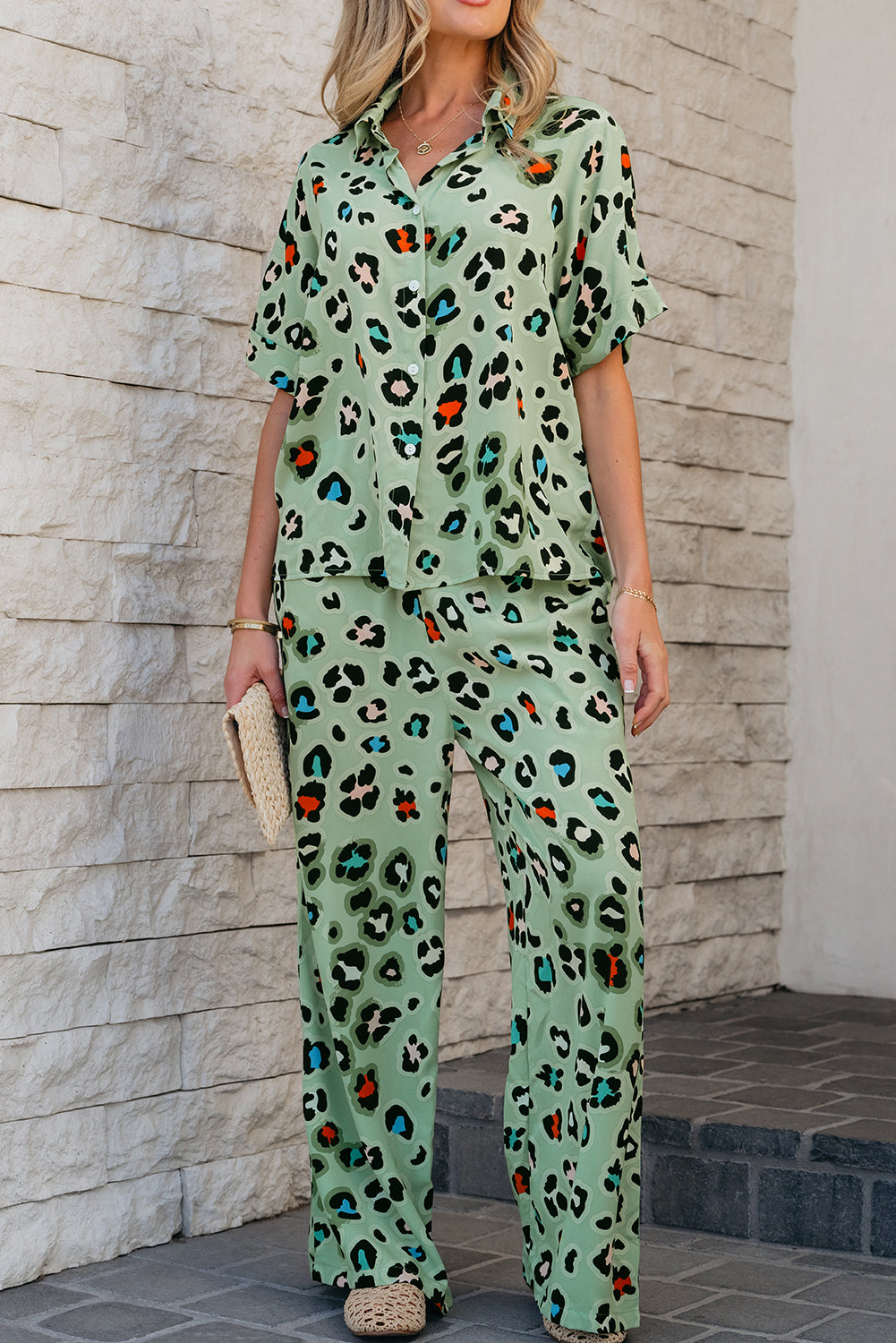 Green Leopard Print Short Sleeve Shirt and Wide Leg Pants Set-Two Piece Sets/Pant Sets-[Adult]-[Female]-2022 Online Blue Zone Planet