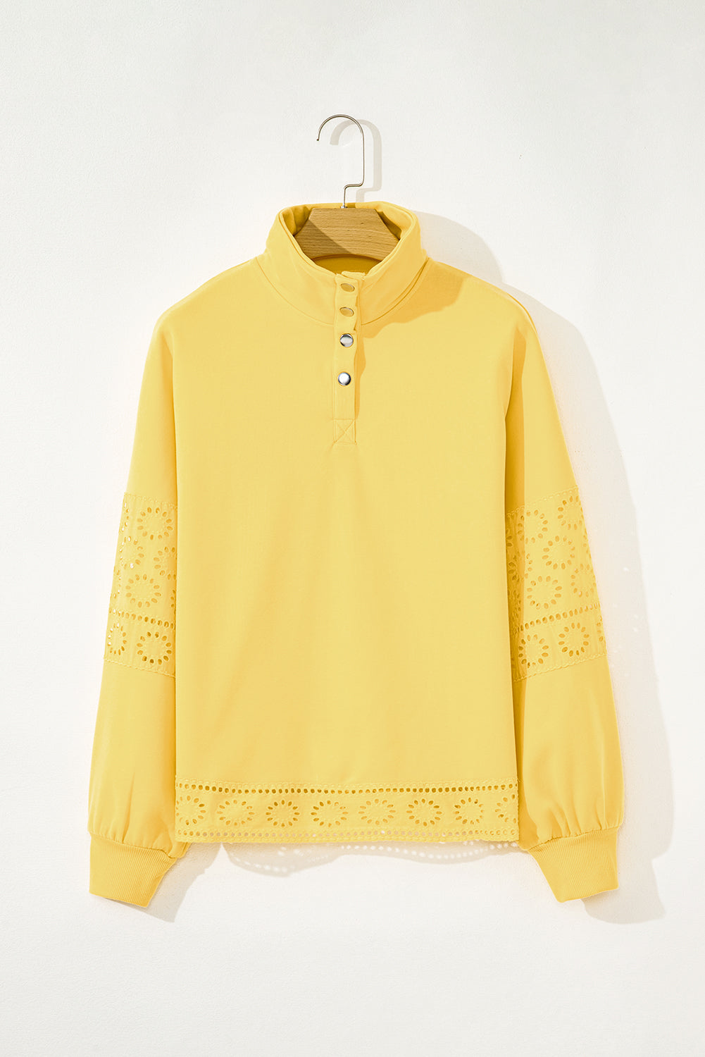 Yellow Cream Embroidered Flower Patchwork Snap Buttons Pullover Sweatshirt-Tops/Sweatshirts & Hoodies-[Adult]-[Female]-2022 Online Blue Zone Planet