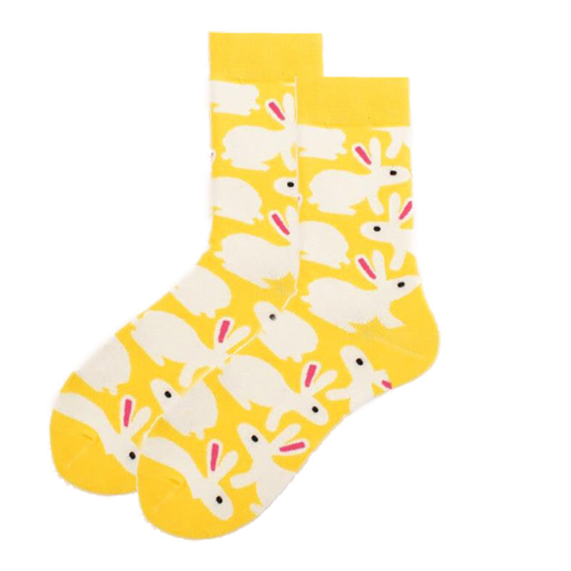 Rabbit Pattern Print Casual Crew Socks-[Adult]-[Female]-Yellow-FREESIZE-2022 Online Blue Zone Planet