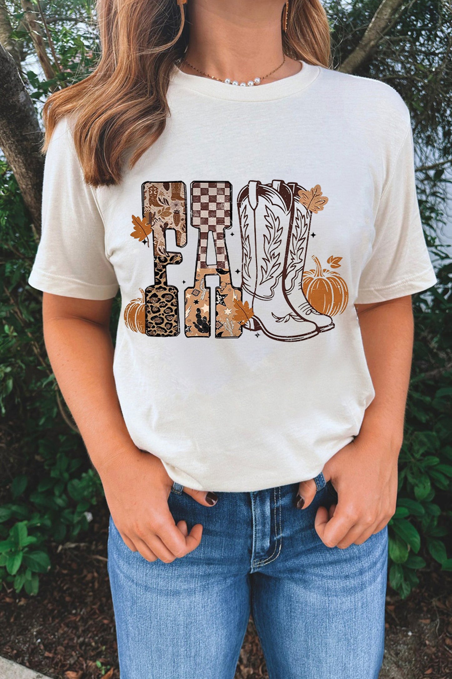 White FALL Letter Print Western Thanksgiving Graphic T-Shirt-Graphic/Graphic Tees-[Adult]-[Female]-2022 Online Blue Zone Planet