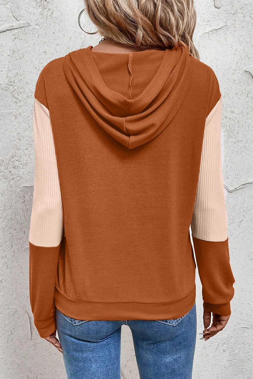 Gold Flame Contrast Color Ribbed Patchwork Crossed Pullover Neck Hoodie-Tops / Dresses-[Adult]-[Female]-2022 Online Blue Zone Planet