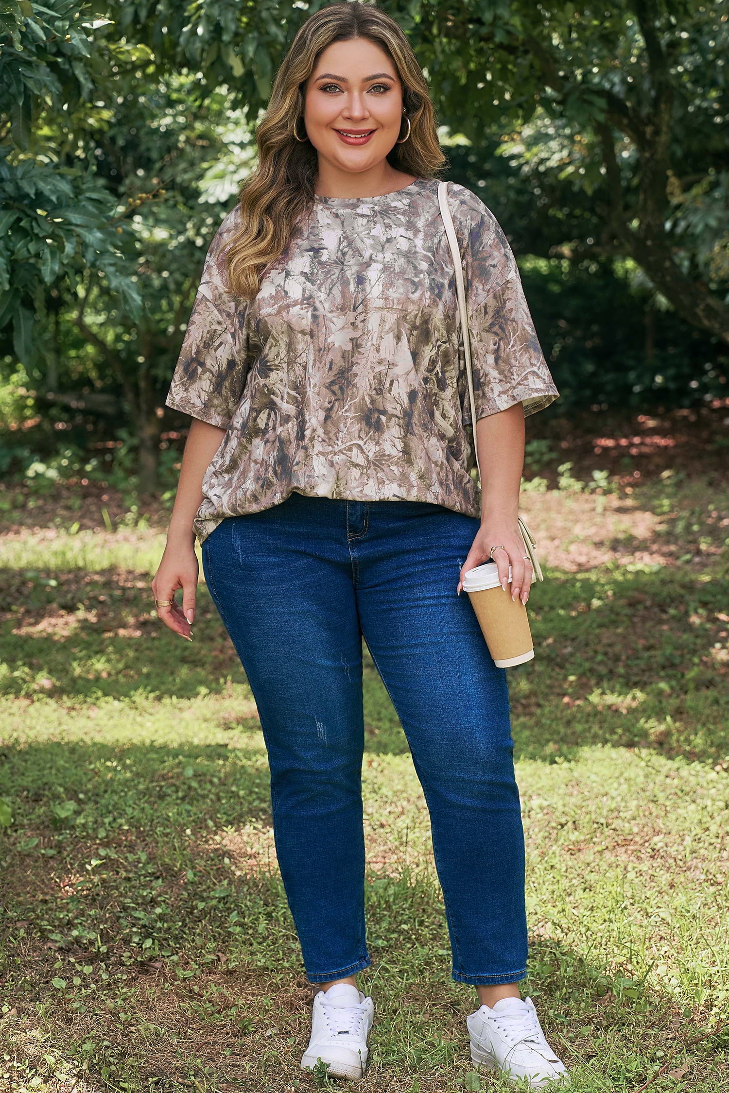 Khaki Plus Size Woodland Camouflage Print T Shirt-Plus Size/Plus Size Tops/Plus Size Tops & Tees-[Adult]-[Female]-2022 Online Blue Zone Planet
