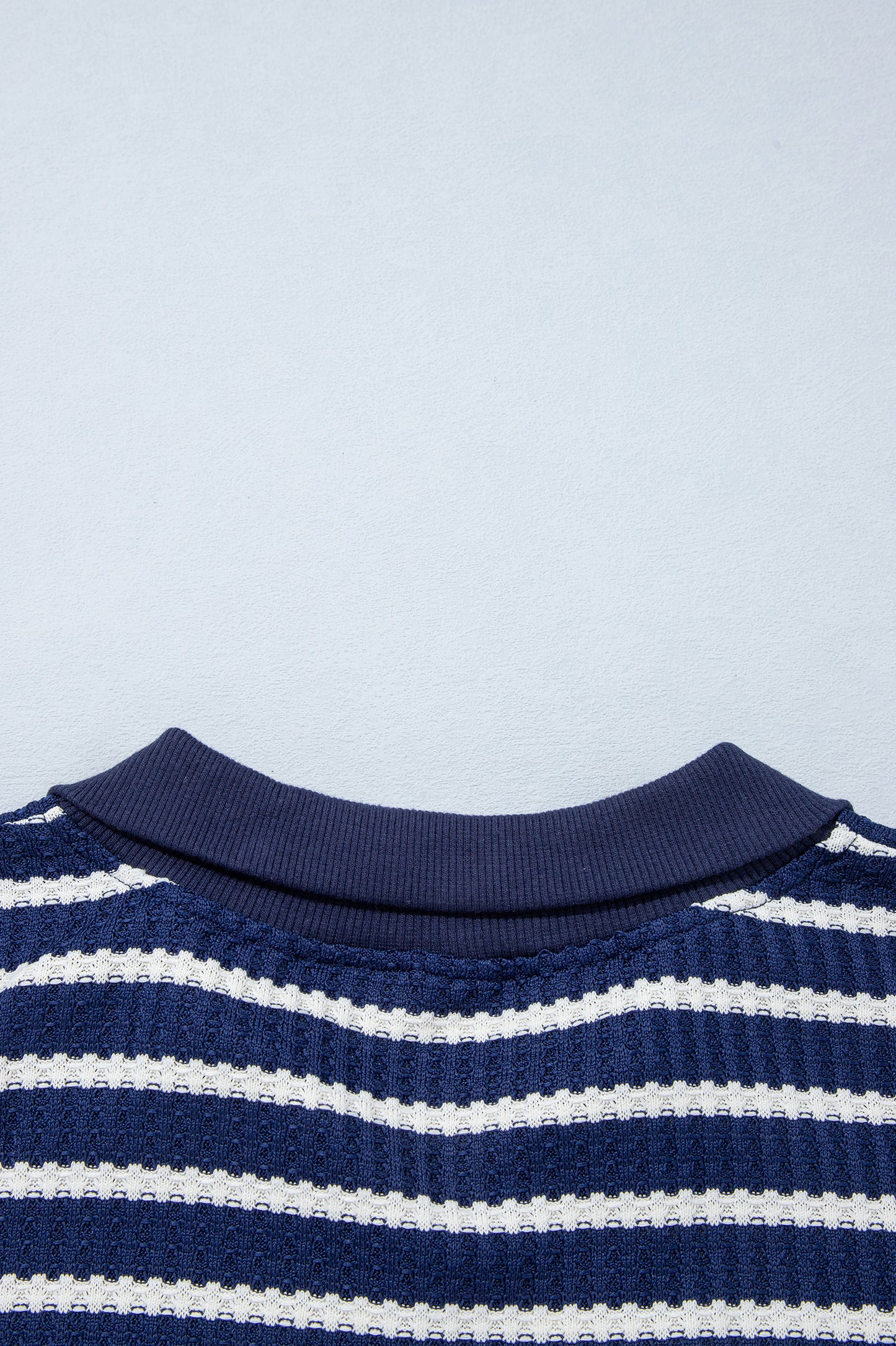 Blue Stripe Textured Knit Half Zip Collared Long Sleeve Top