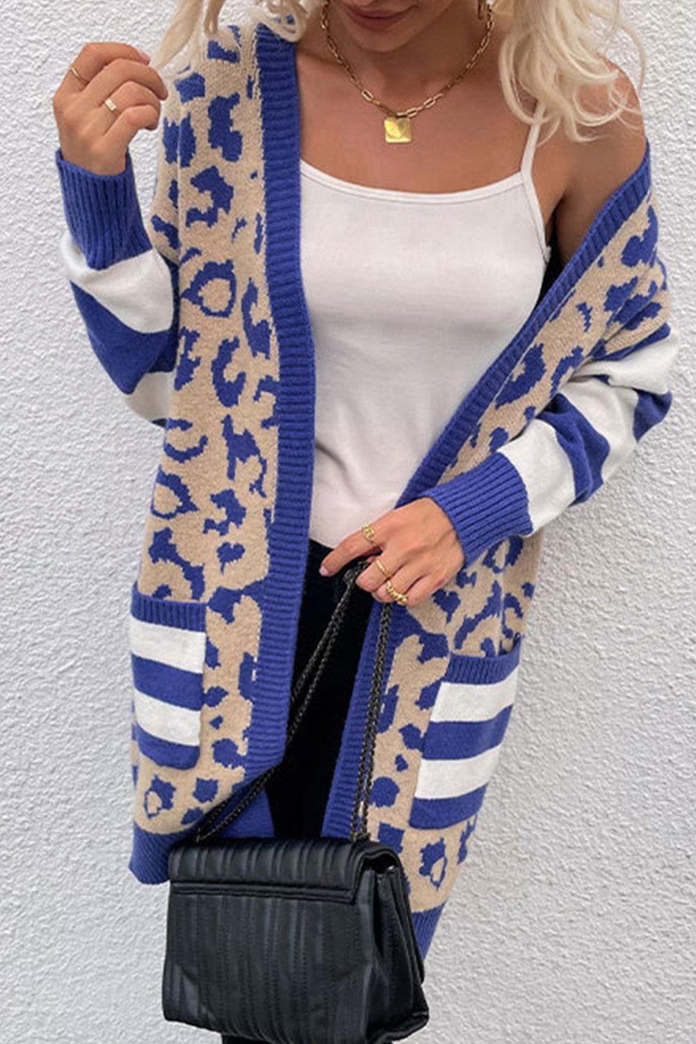 Black Stripe Sleeve Leopard Print Open Front Cardigan With Pockets-Sweaters & Cardigans/Cardigans-[Adult]-[Female]-2022 Online Blue Zone Planet