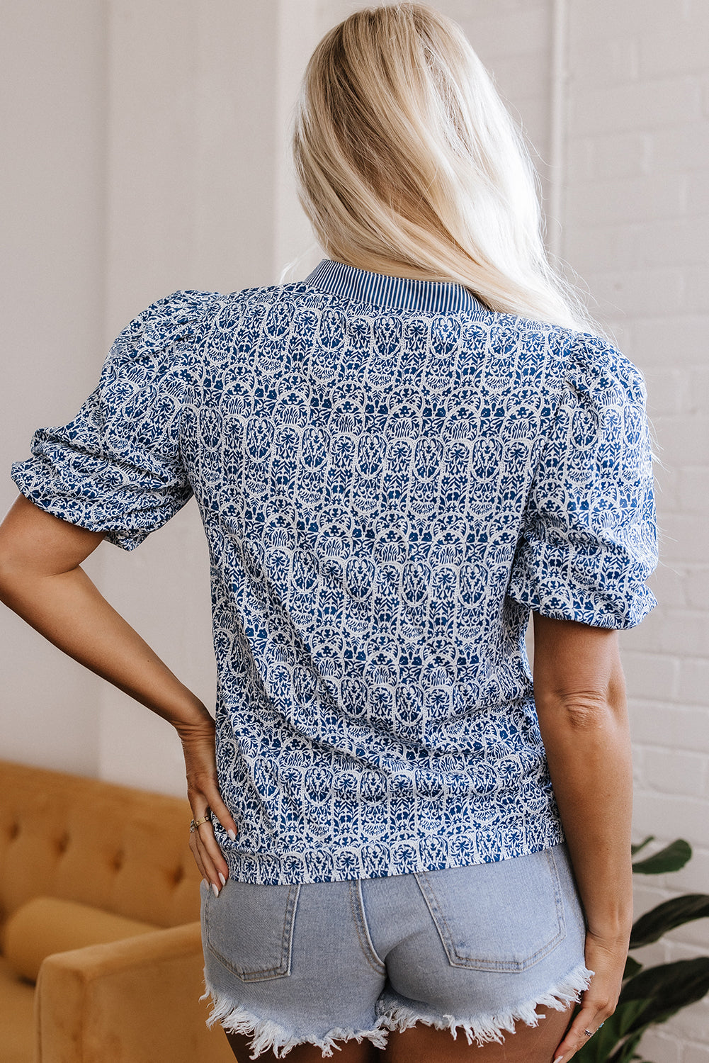 Blue Floral Striped Print Contrast Ric-Rac Puff Sleeve Top-Tops/Blouses & Shirts-[Adult]-[Female]-2022 Online Blue Zone Planet