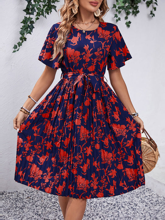 Printed Round Neck Short Sleeve Dress-TOPS / DRESSES-[Adult]-[Female]-Deep Red-S-2022 Online Blue Zone Planet