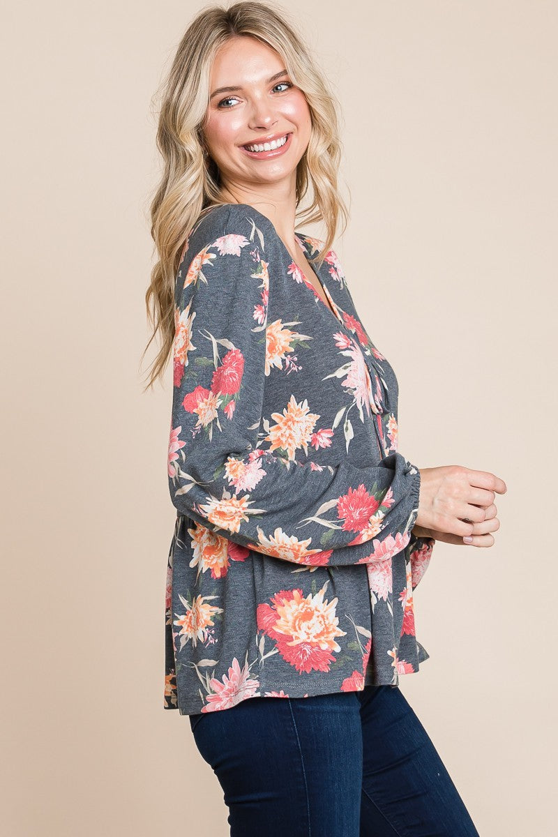 Super Lady Full Size Babydoll Floral Long Sleeve Blouse-TOPS / DRESSES-[Adult]-[Female]-2022 Online Blue Zone Planet