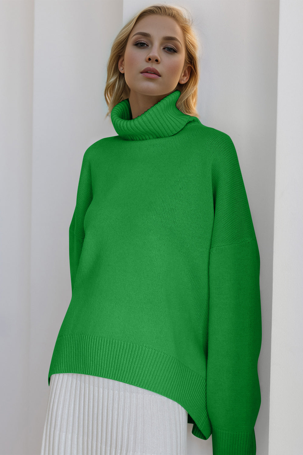 Basic Bae Turtleneck Dropped Shoulder Long Sleeve Sweater-TOPS / DRESSES-[Adult]-[Female]-Green-One Size-2022 Online Blue Zone Planet