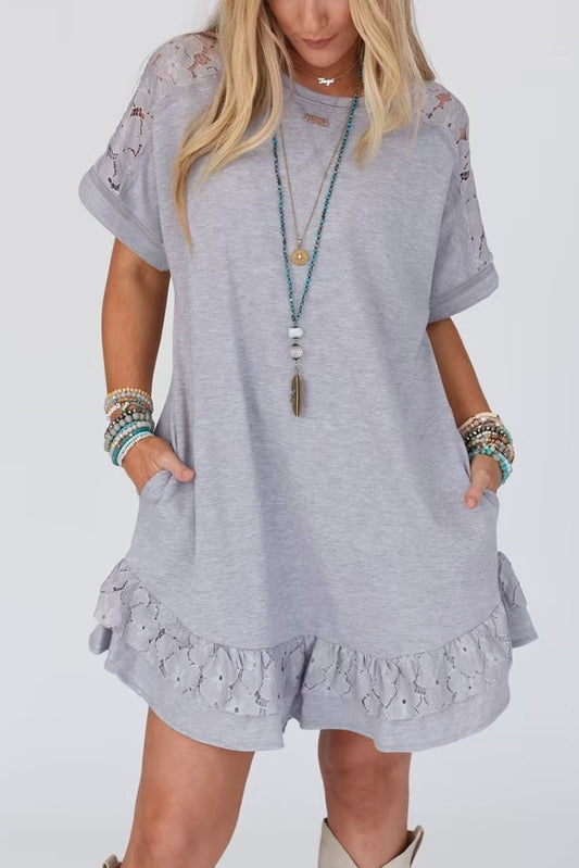 Light Grey Lace Floral Patchwork Ruffled T-shirt Dress Blue Zone Planet