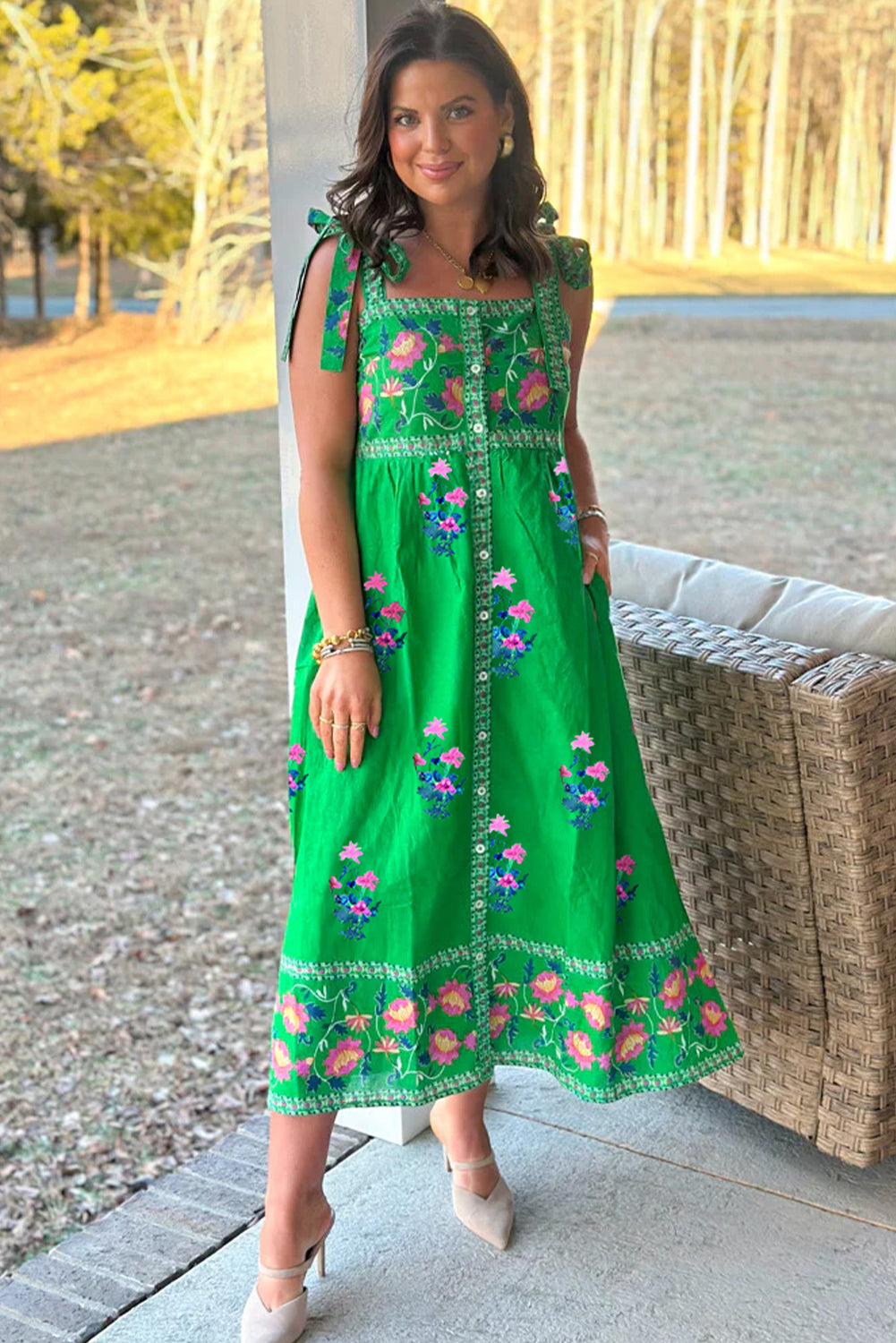 Green Floral Print Contrast Trim Knotted Straps Midi Dress-TOPS / DRESSES-[Adult]-[Female]-2022 Online Blue Zone Planet