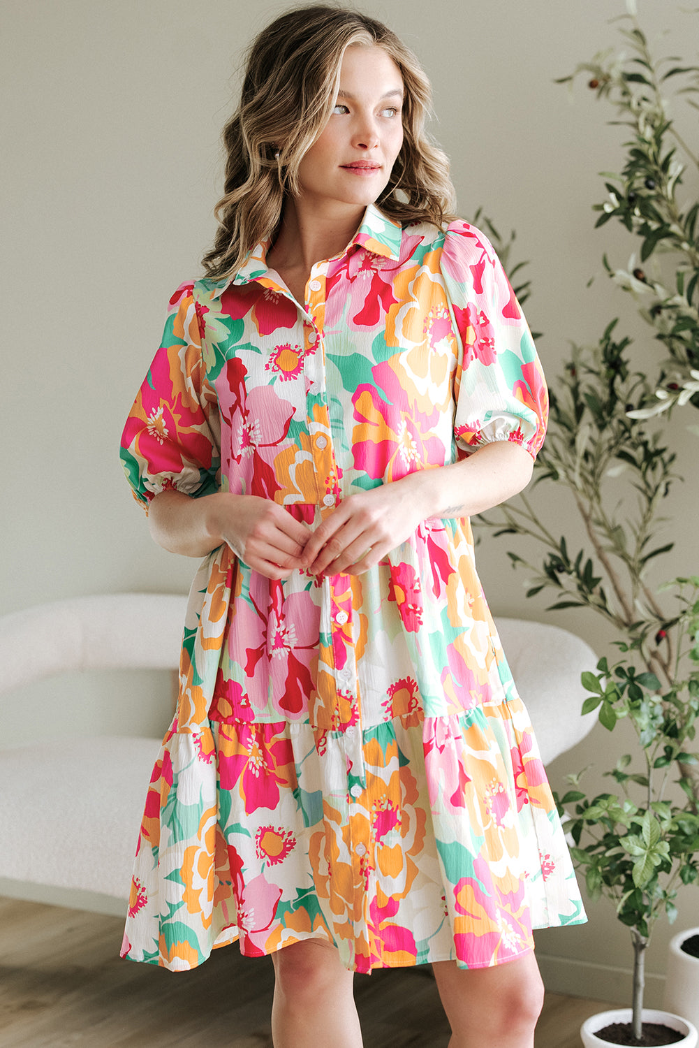 Blue Zone Planet | Green Floral Puff Sleeve Collar Buttoned Babydoll Dress-TOPS / DRESSES-[Adult]-[Female]-2022 Online Blue Zone Planet