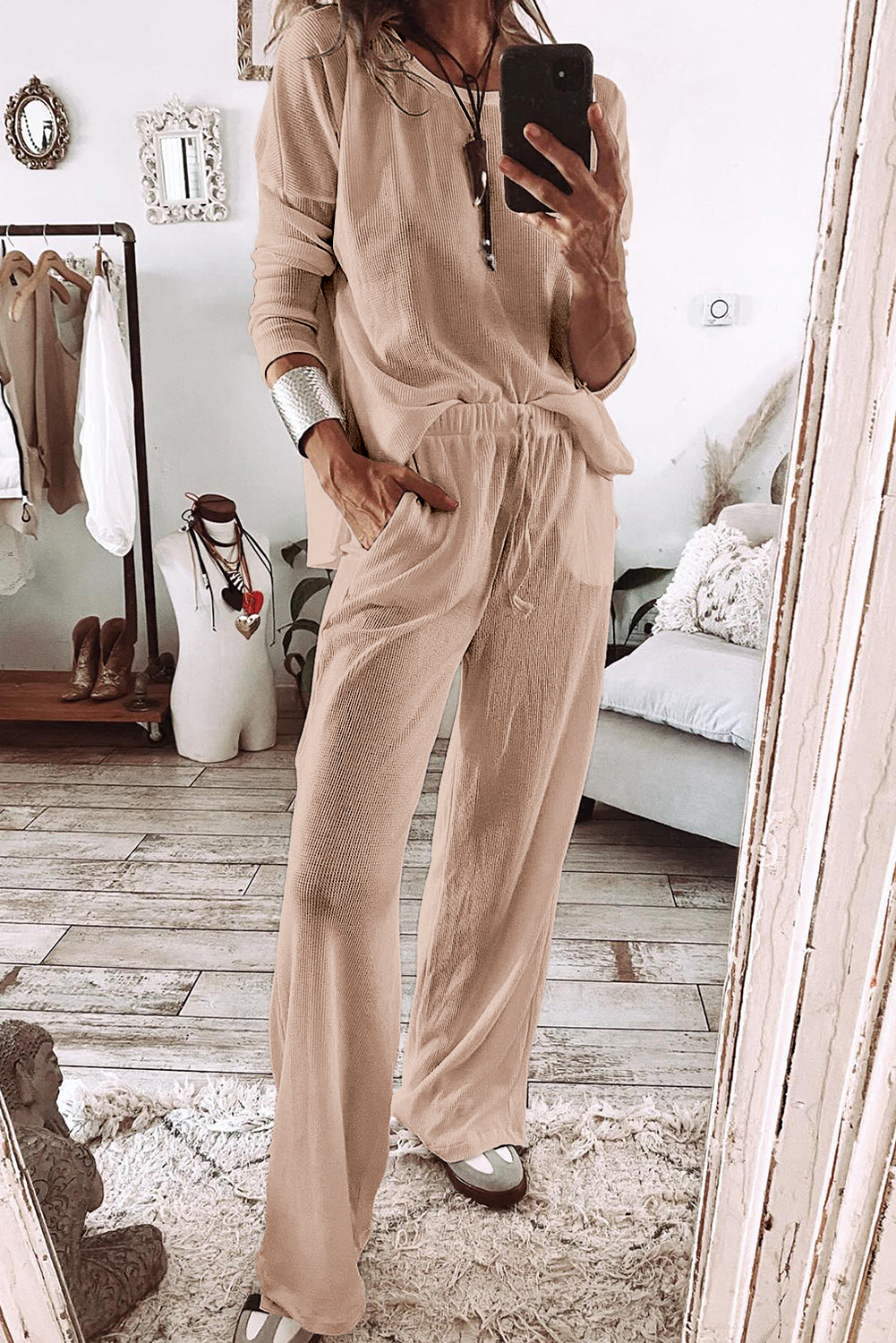 White Textured Long Sleeve T Shirt and Pants Lounge Set-Loungewear & Sleepwear/Loungewear-[Adult]-[Female]-Parchment-S-2022 Online Blue Zone Planet