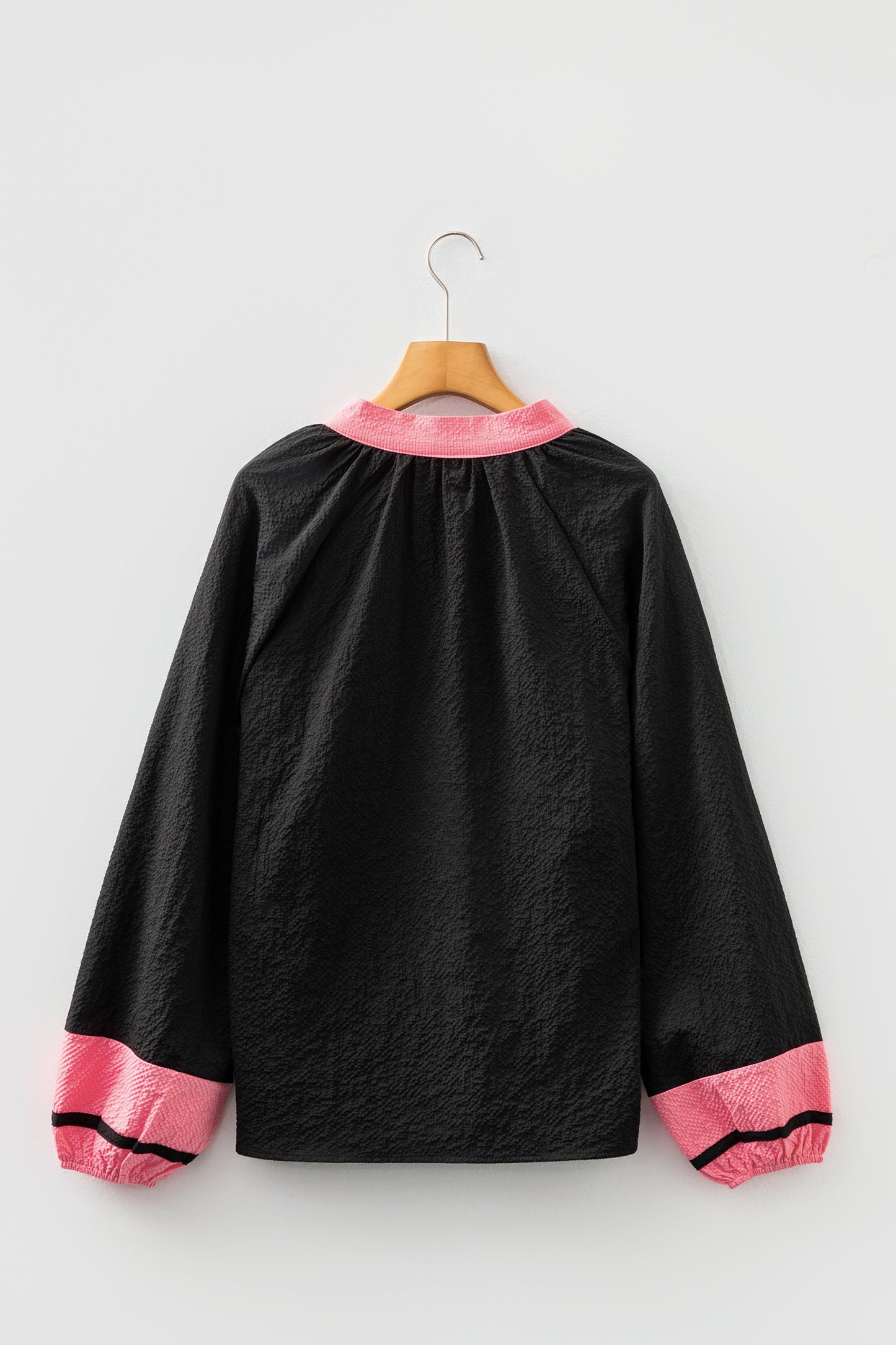 Black Color Block Patchwork Detail V Neck Textured Long Sleeve Blouse-Tops/Blouses & Shirts-[Adult]-[Female]-2022 Online Blue Zone Planet