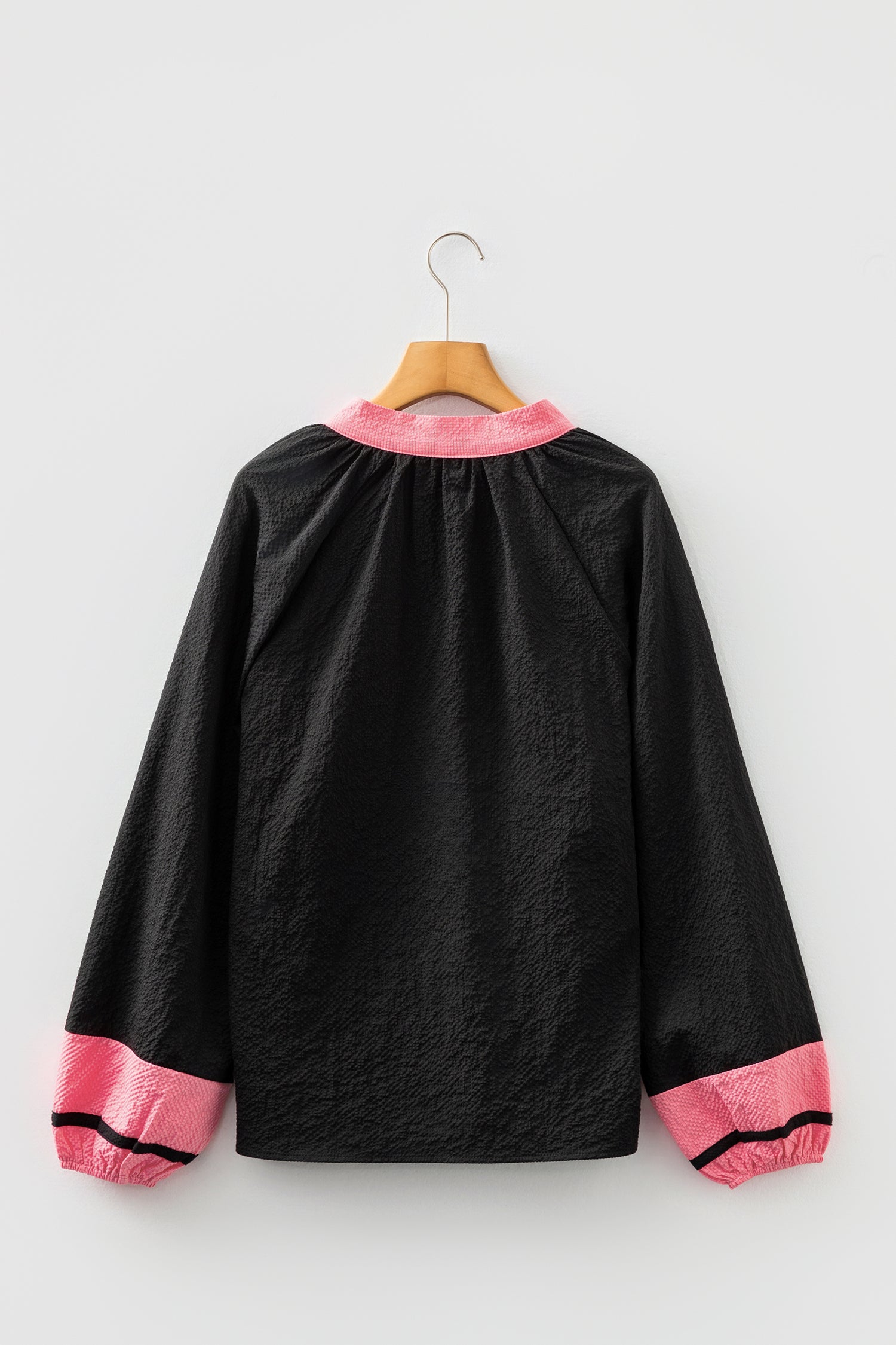 Black Color Block Patchwork Detail V Neck Textured Long Sleeve Blouse-Tops/Blouses & Shirts-[Adult]-[Female]-2022 Online Blue Zone Planet