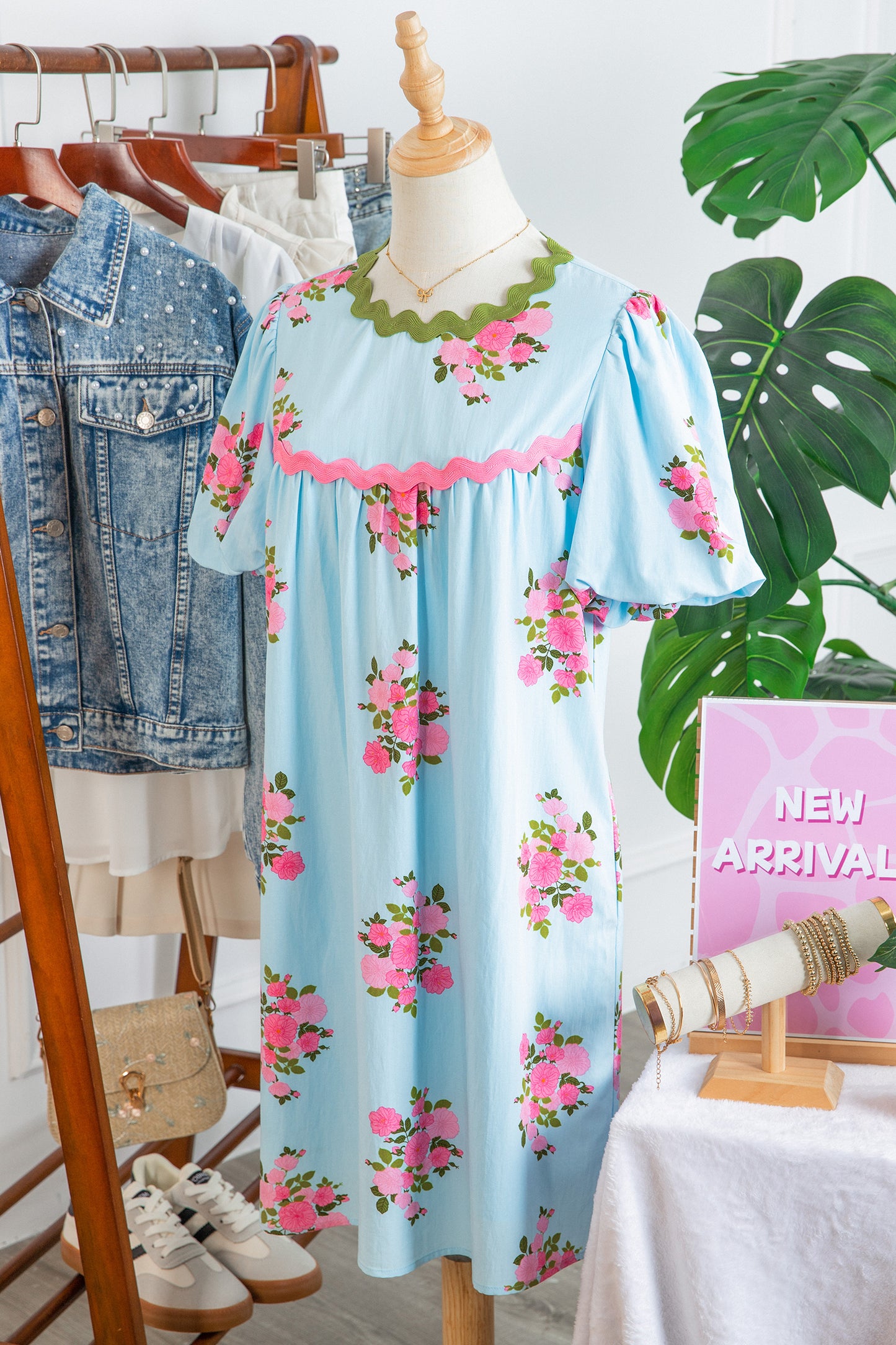 Sky Blue Floral Printed Contrast Ricrac Detail Bubble Sleeve Dress-TOPS / DRESSES-[Adult]-[Female]-2022 Online Blue Zone Planet