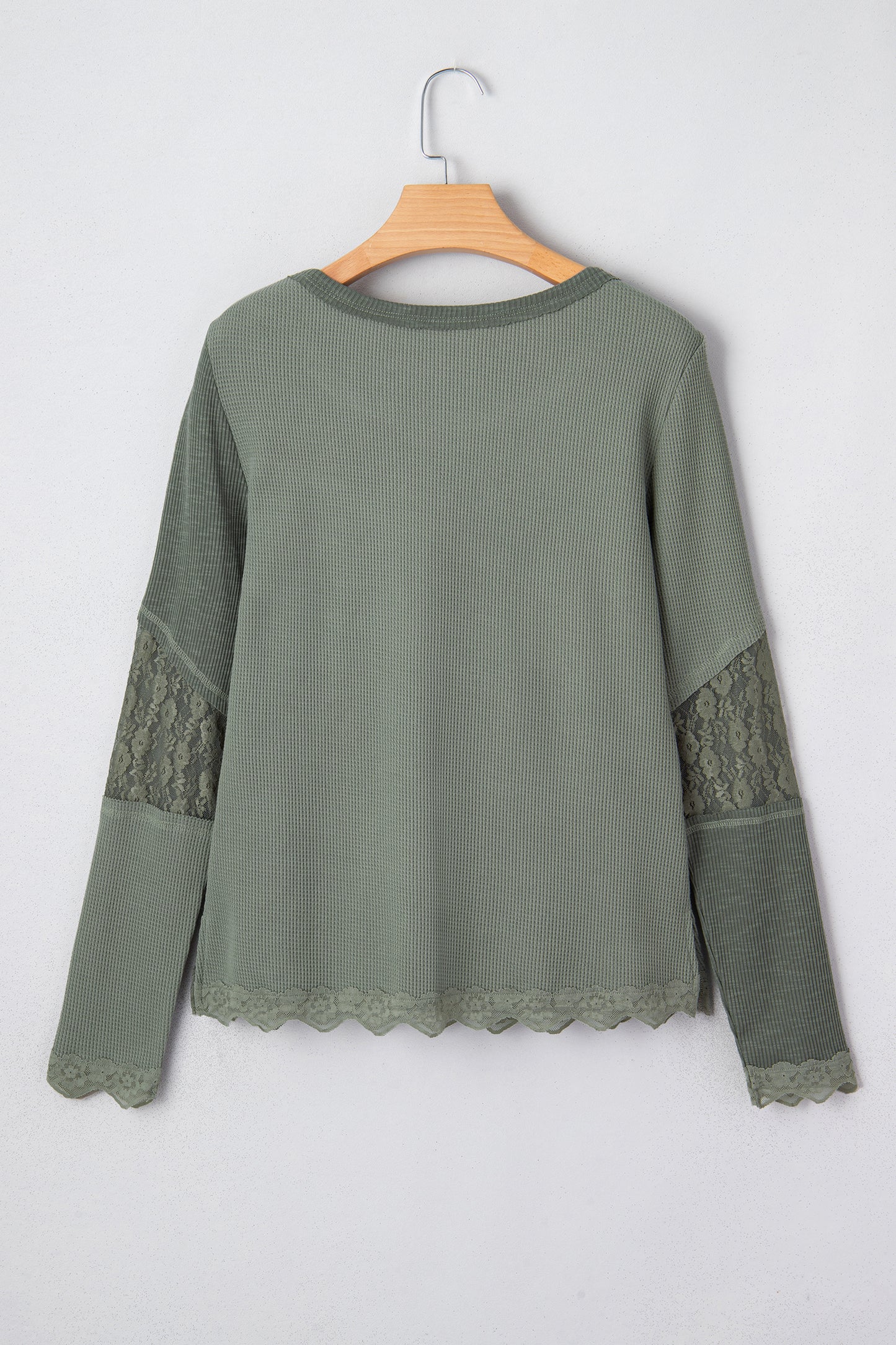 Sage Green Solid Color Waffle Ribbed Lace Patchwork Long Sleeve Top-Tops/Long Sleeve Tops-[Adult]-[Female]-2022 Online Blue Zone Planet