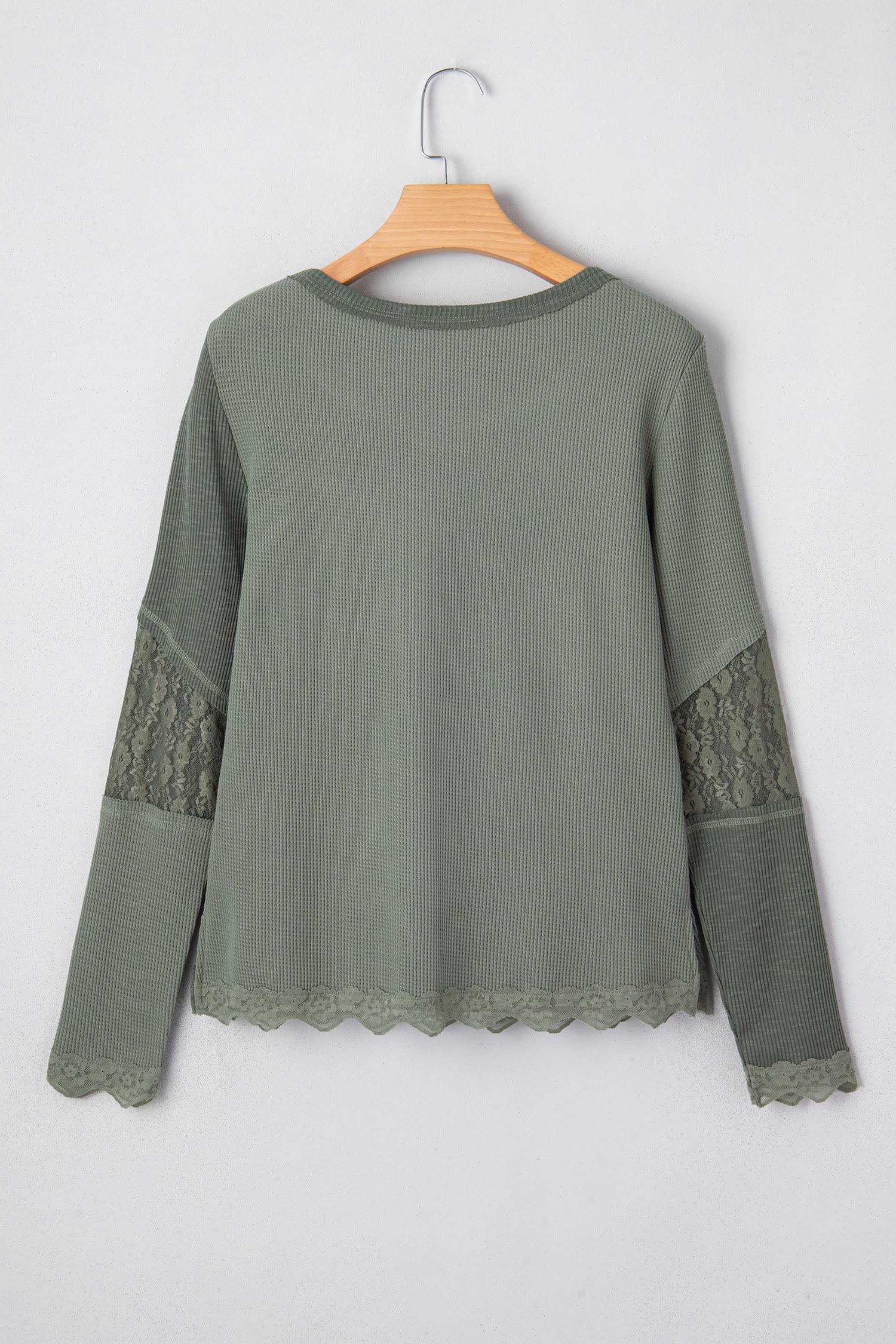 Sage Green Solid Color Waffle Ribbed Lace Patchwork Long Sleeve Top-Tops/Long Sleeve Tops-[Adult]-[Female]-2022 Online Blue Zone Planet