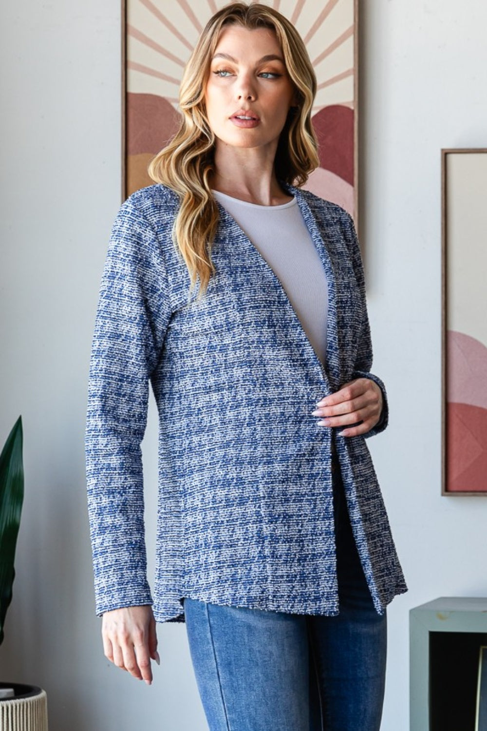 Blue Zone Planet | Heimish Full Size Houndstooth Tweed Open Front Blazer-TOPS / DRESSES-[Adult]-[Female]-2022 Online Blue Zone Planet