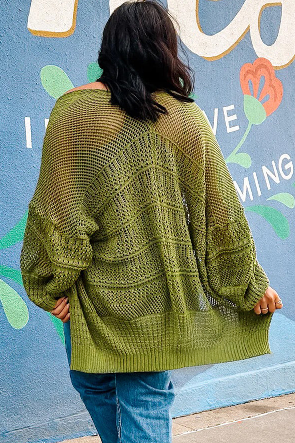 Spinach Green Oversize Crochet Knit Open Cardigan-Sweaters & Cardigans/Cardigans-[Adult]-[Female]-2022 Online Blue Zone Planet