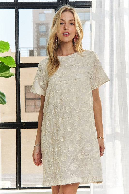 ADORA Applique Round Neck Short Sleeve Shift Dress-TOPS / DRESSES-[Adult]-[Female]-2022 Online Blue Zone Planet