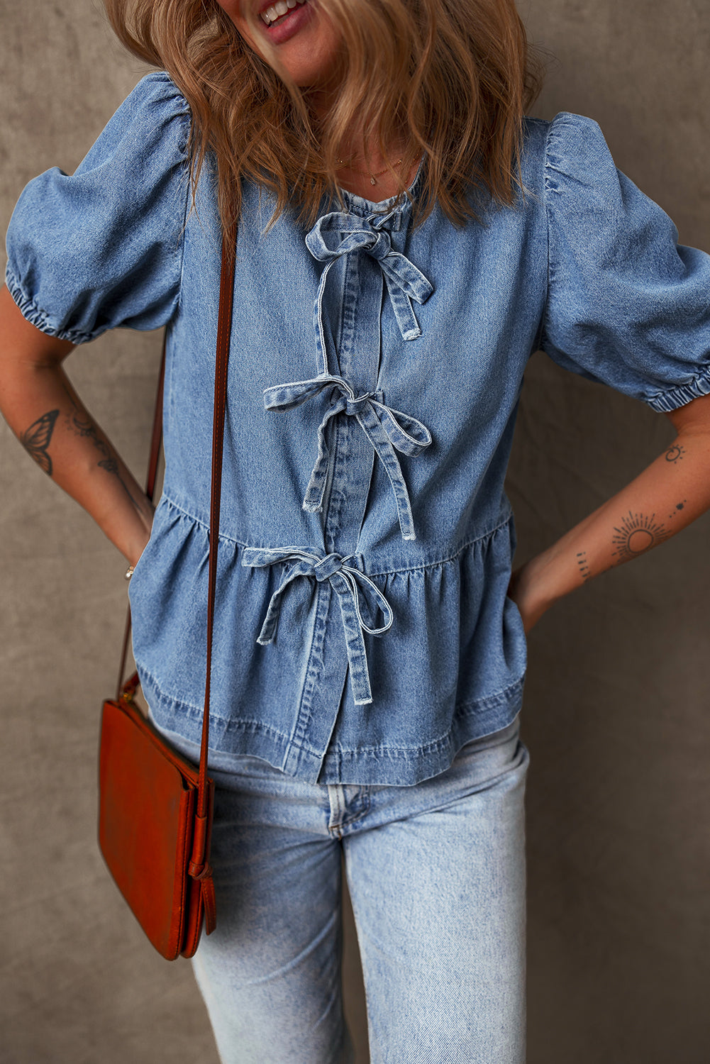 Blue Zone Planet | Dusk Blue Tied Front Bubble Sleeve Peplum Denim Shirt-Tops/Blouses & Shirts-[Adult]-[Female]-2022 Online Blue Zone Planet