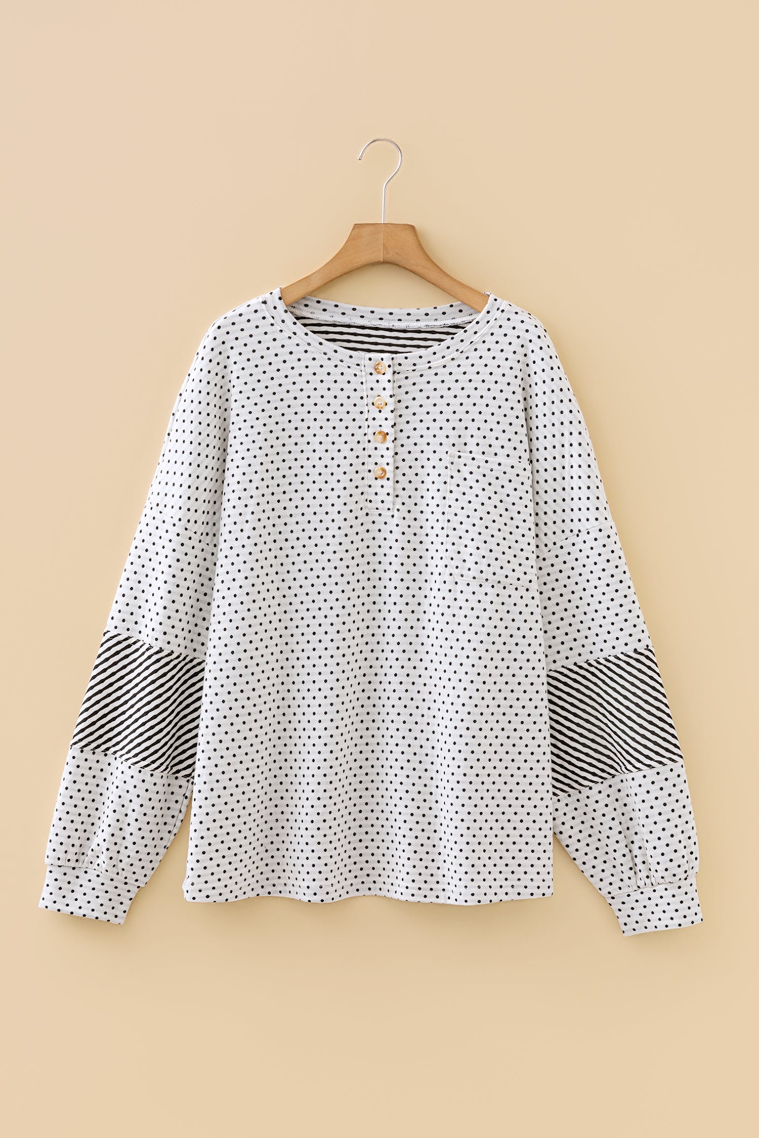 Beige Plus Size Dot Print Striped Patchwork Long Sleeve Henley Top-Plus Size/Plus Size Tops/Plus Size Blouses & Shirts-[Adult]-[Female]-2022 Online Blue Zone Planet