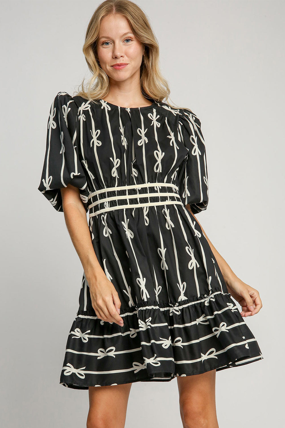 Blue Zone Planet | Umgee Ribbon Print Frill Contrast Velvet Trim Half Sleeve Dress-TOPS / DRESSES-[Adult]-[Female]-2022 Online Blue Zone Planet