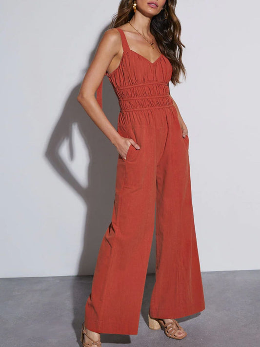 Ruched Wide Strap Jumpsuit with Pockets-TOPS / DRESSES-[Adult]-[Female]-Orange-Red-M-2022 Online Blue Zone Planet