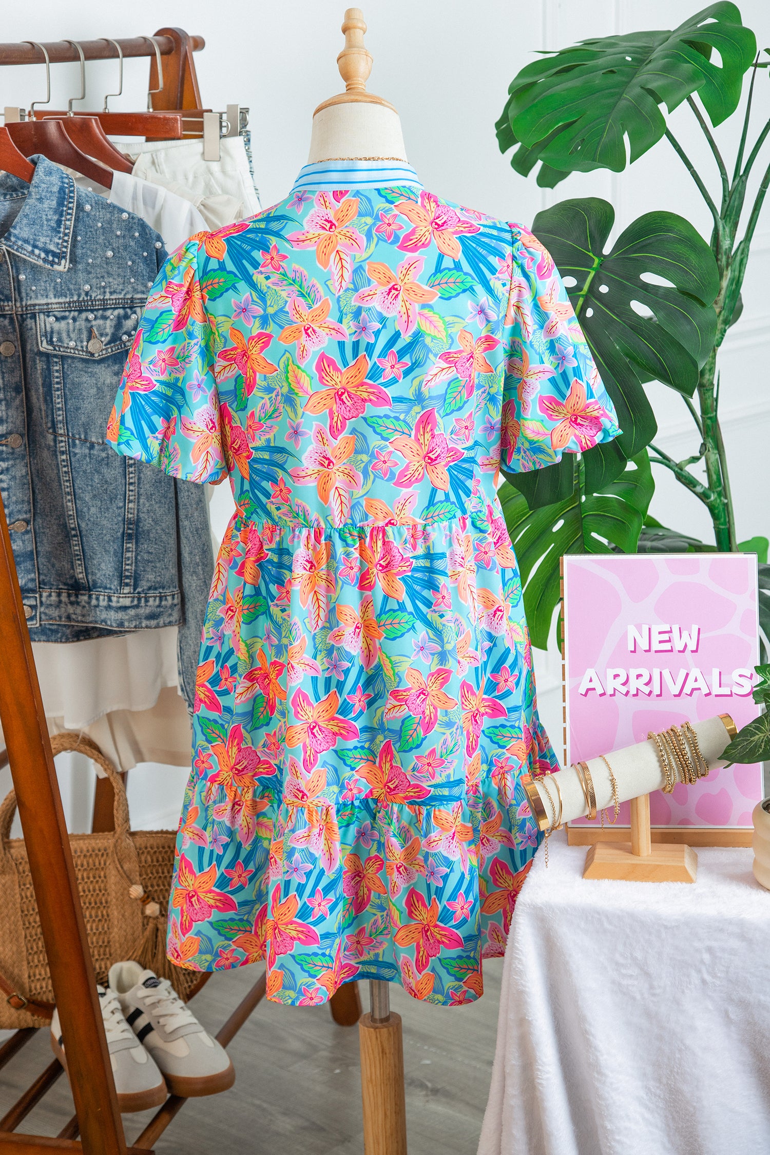Multicolour Floral Print Contrast Scallop Striped Trim V Neck Dress-TOPS / DRESSES-[Adult]-[Female]-2022 Online Blue Zone Planet