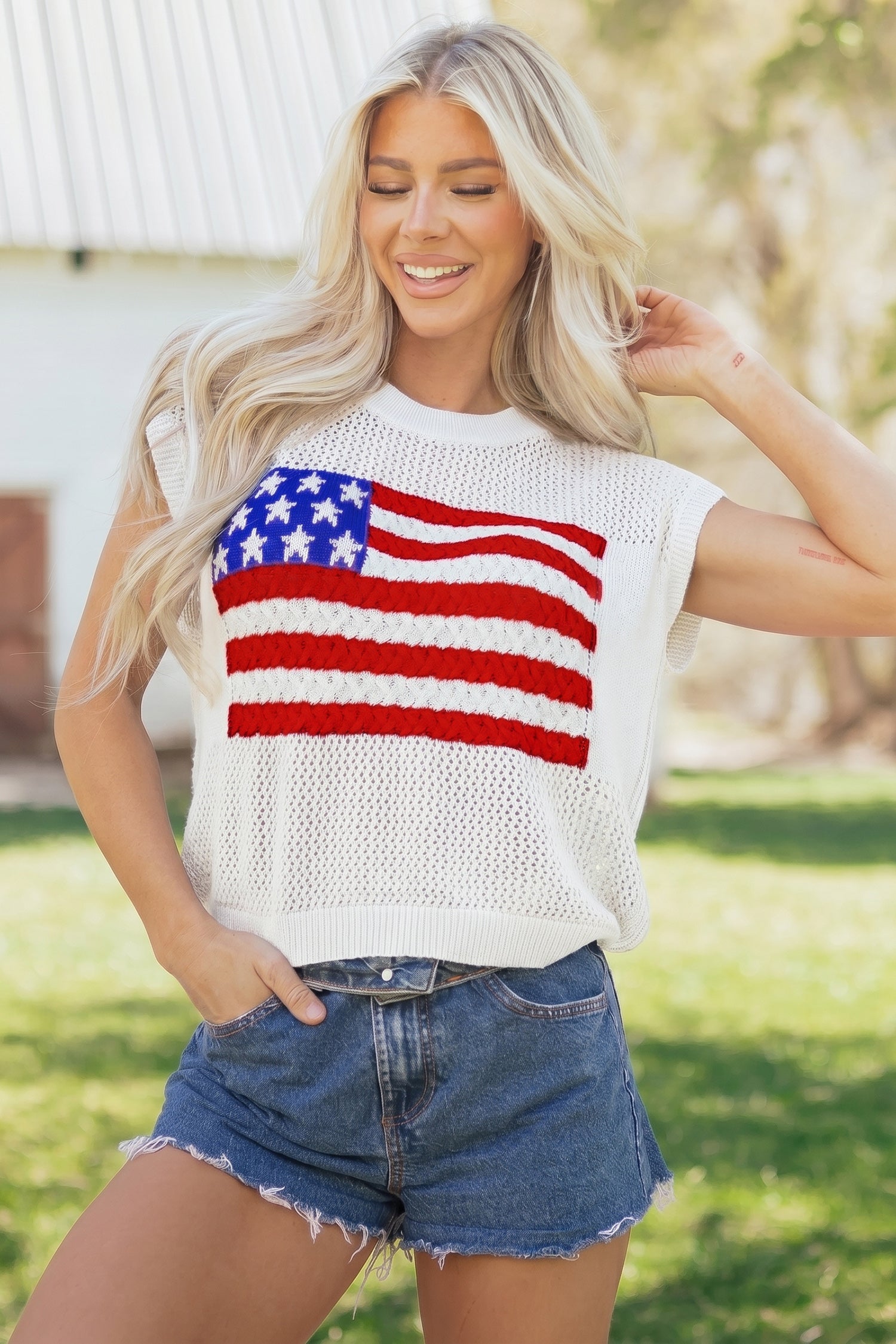 Sky Blue Flag Graphic Short Sleeve Sweater Top-TOPS / DRESSES-[Adult]-[Female]-2022 Online Blue Zone Planet