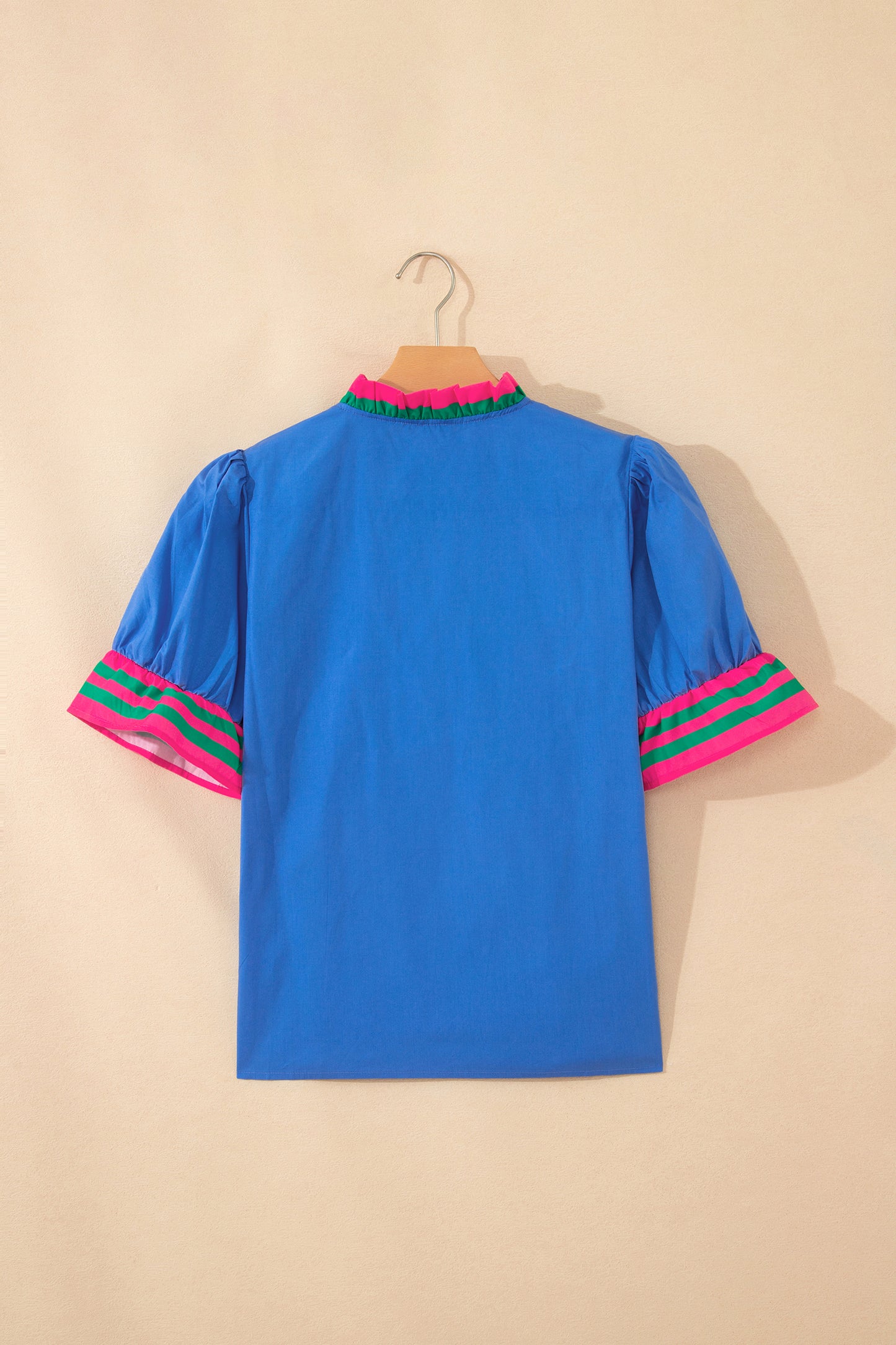 Sky Blue Striped Frilled Collar Ruffled Short Sleeve Blouse-Tops/Blouses & Shirts-[Adult]-[Female]-2022 Online Blue Zone Planet