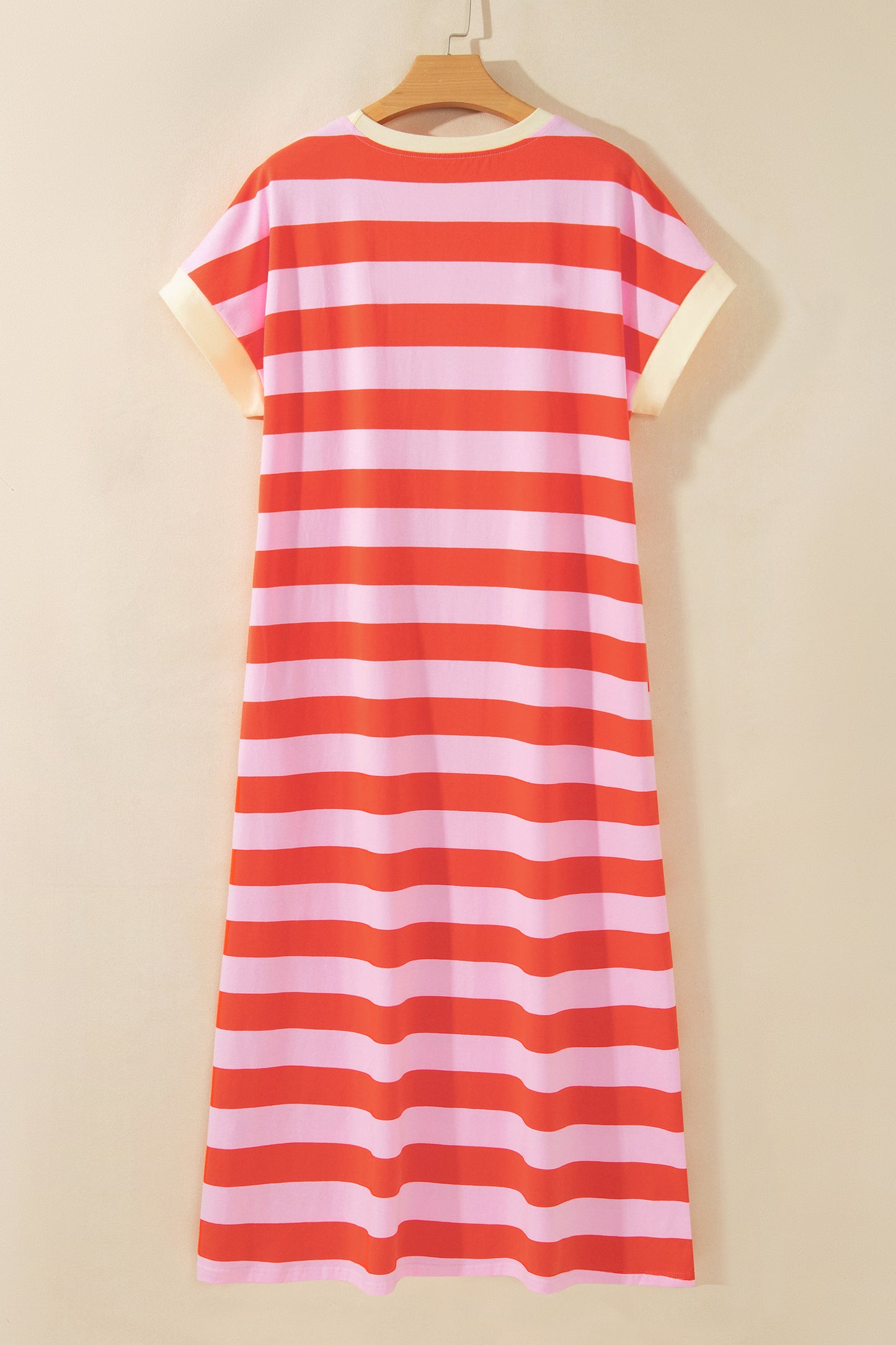 Rose Stripe Cuffed Short Sleeve Pocketed Casual T Shirt Long Dress-TOPS / DRESSES-[Adult]-[Female]-2022 Online Blue Zone Planet