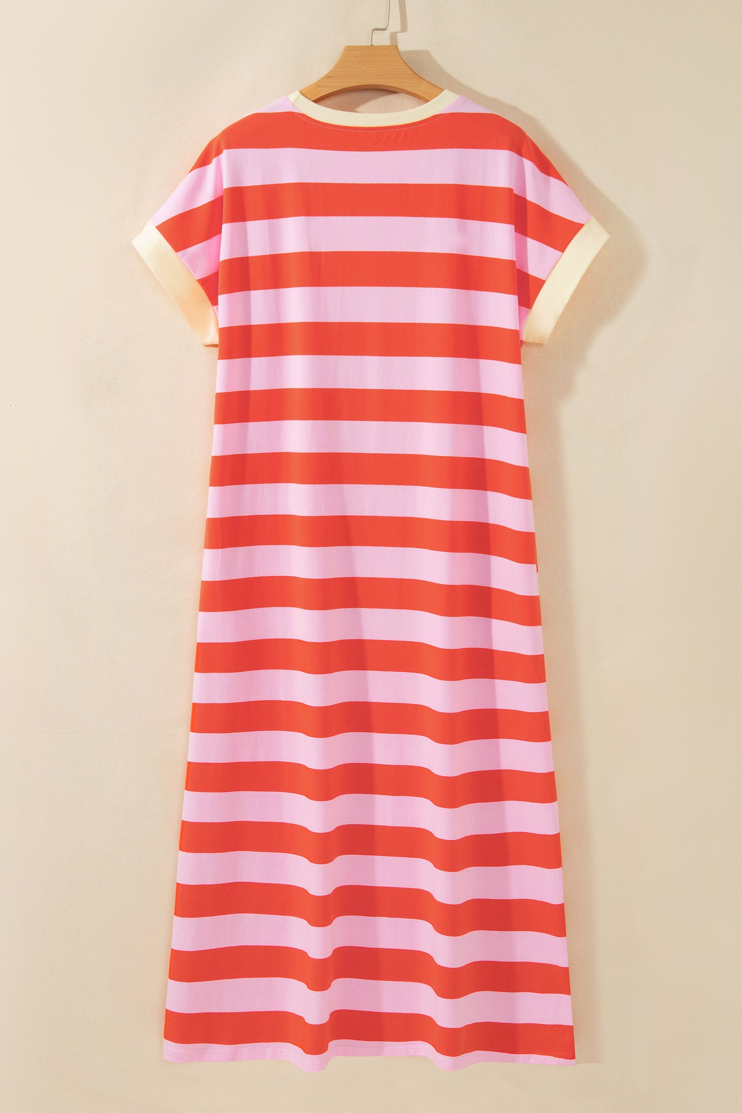 Rose Stripe Cuffed Short Sleeve Pocketed Casual T Shirt Long Dress-TOPS / DRESSES-[Adult]-[Female]-2022 Online Blue Zone Planet