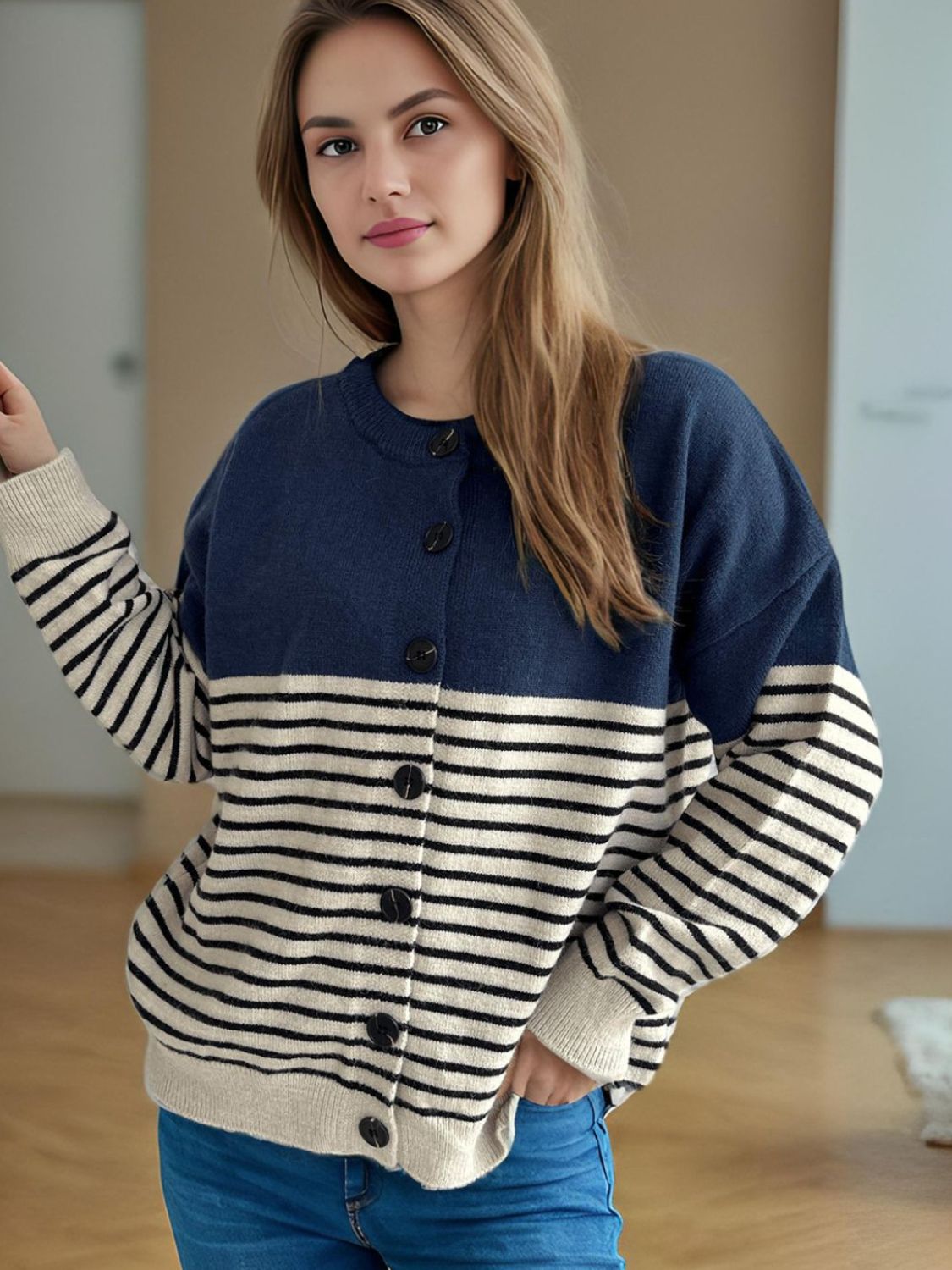 Striped Button Down Long Sleeve Cardigan-NEW ARRIVALS-[Adult]-[Female]-Dark Blue-One Size-2022 Online Blue Zone Planet