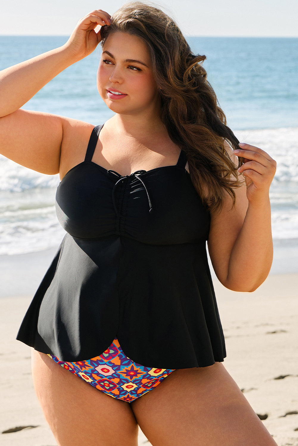 Blue Zone Planet | Black Drawstring Tied Front Flared Top Geometric Print Bottom Plus Size Tankinis-Plus Size/Plus Size Swimwear-[Adult]-[Female]-2022 Online Blue Zone Planet