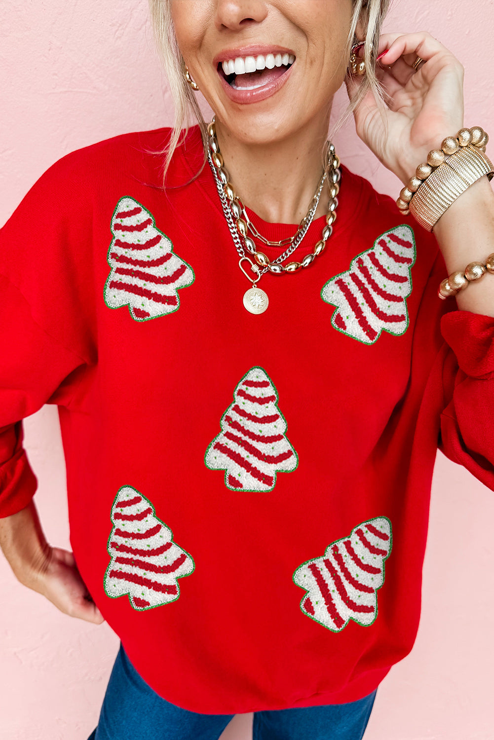 Red Playful Christmas Tree Patched Dropped Shoulder Sweatshirt-Graphic/Graphic Sweatshirts-[Adult]-[Female]-Red-S-2022 Online Blue Zone Planet