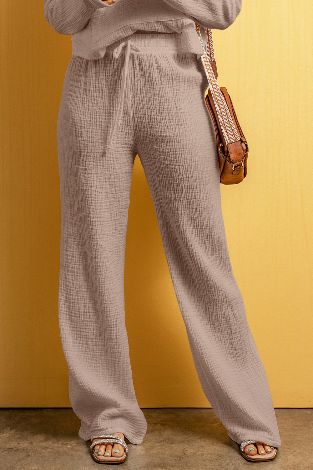 Smoke Gray Textured Loose Fit Drawstring Elastic Waistband Pants-Bottoms/Pants & Culotte-[Adult]-[Female]-2022 Online Blue Zone Planet