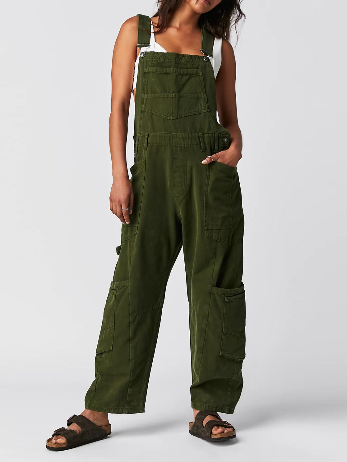 Pocketed Wide Strap Denim Overalls-BOTTOMS SIZES SMALL MEDIUM LARGE-[Adult]-[Female]-Army Green-S-2022 Online Blue Zone Planet