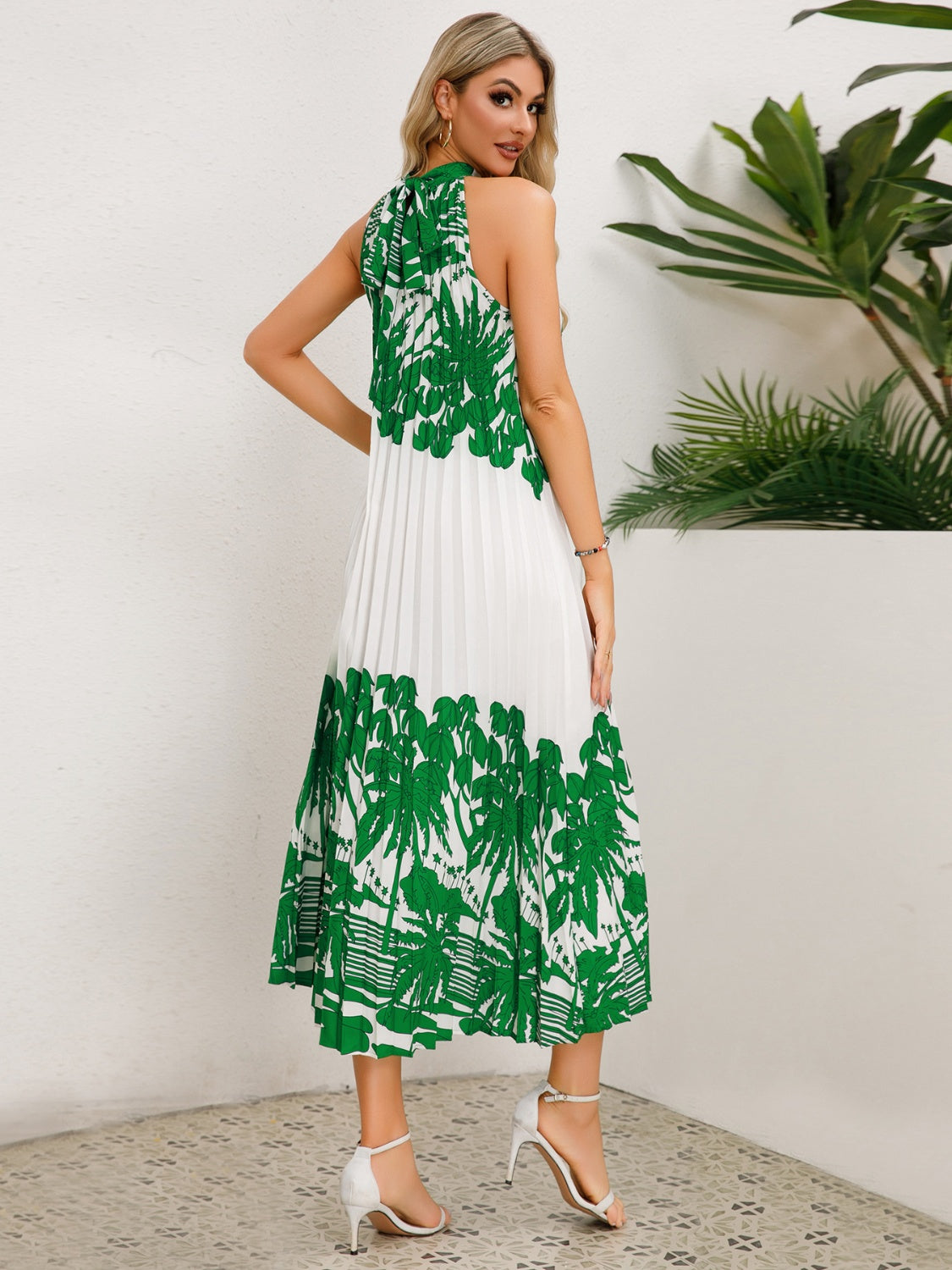 Tied Printed Sleeveless Midi Dress-TOPS / DRESSES-[Adult]-[Female]-Green-S-2022 Online Blue Zone Planet