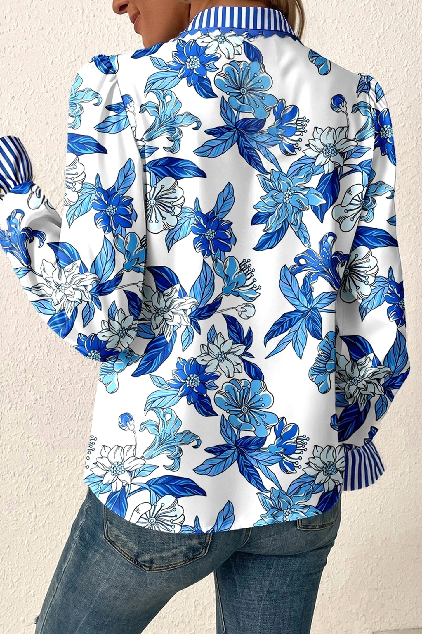 Sky Blue Floral Print Striped Patchwork Long Flounce Sleeve Ricrac Trim V Neck Blouse-Tops/Blouses & Shirts-[Adult]-[Female]-2022 Online Blue Zone Planet